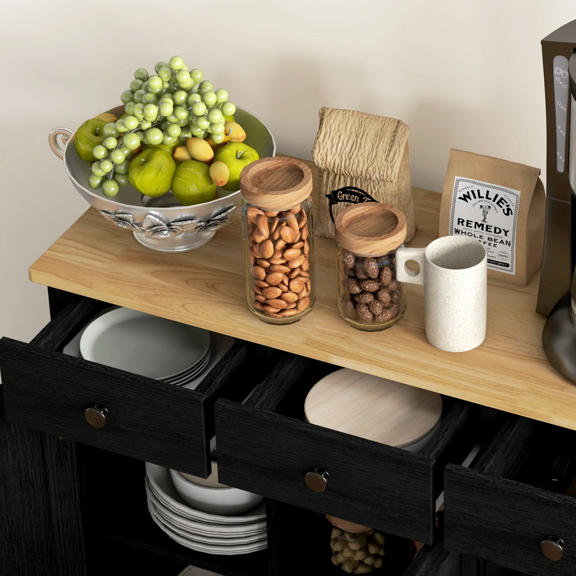 Sideboard Floor Cupboard, Solid Wood Top, Adjustable Shelf & 3 Drawers, Black Wood Grain - Image 11