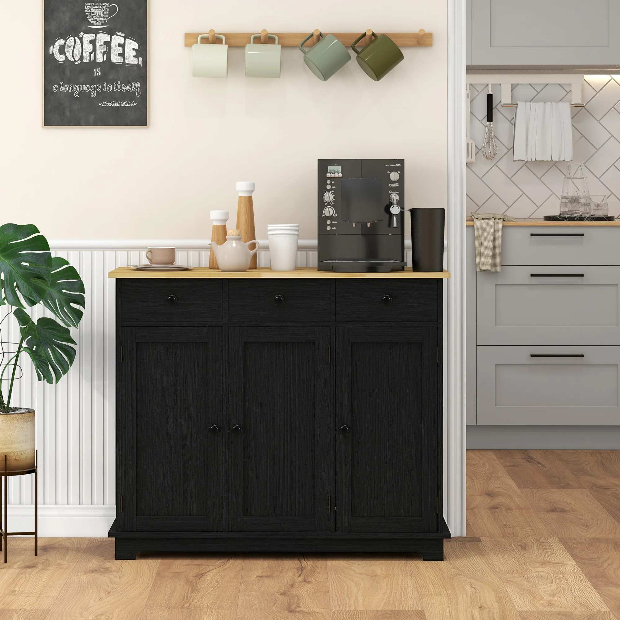 Sideboard Floor Cupboard, Solid Wood Top, Adjustable Shelf & 3 Drawers, Black Wood Grain - Image 3