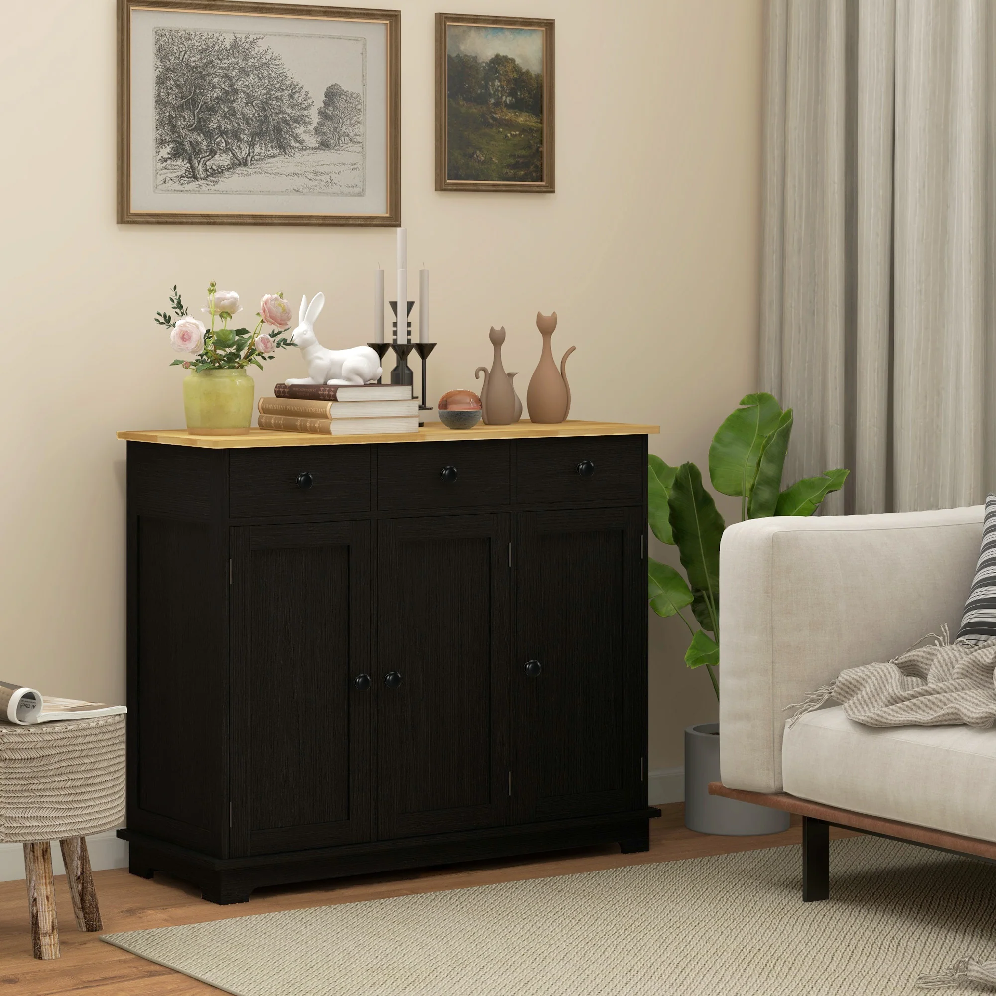 Sideboard Floor Cupboard, Solid Wood Top, Adjustable Shelf & 3 Drawers, Black Wood Grain - Image 4