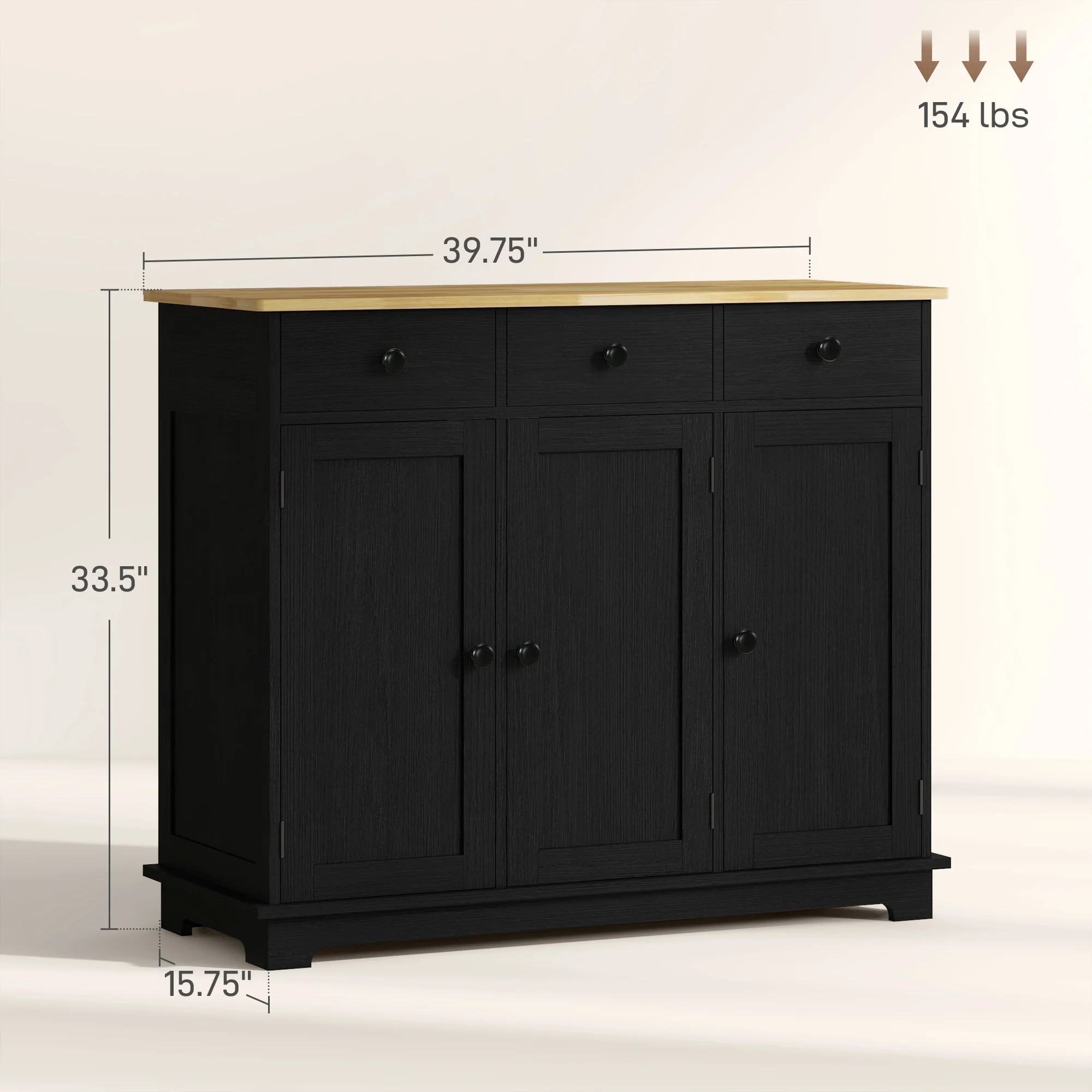 Sideboard Floor Cupboard, Solid Wood Top, Adjustable Shelf & 3 Drawers, Black Wood Grain - Image 5