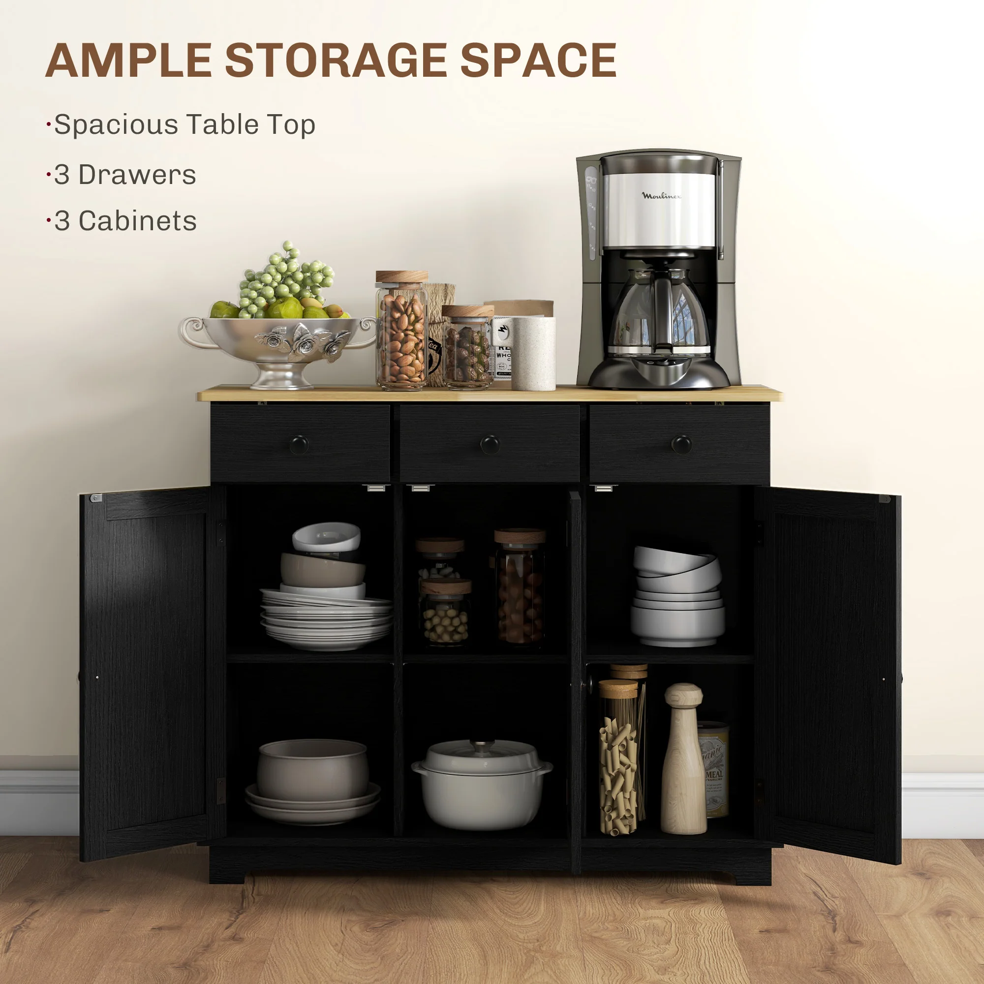 Sideboard Floor Cupboard, Solid Wood Top, Adjustable Shelf & 3 Drawers, Black Wood Grain - Image 6