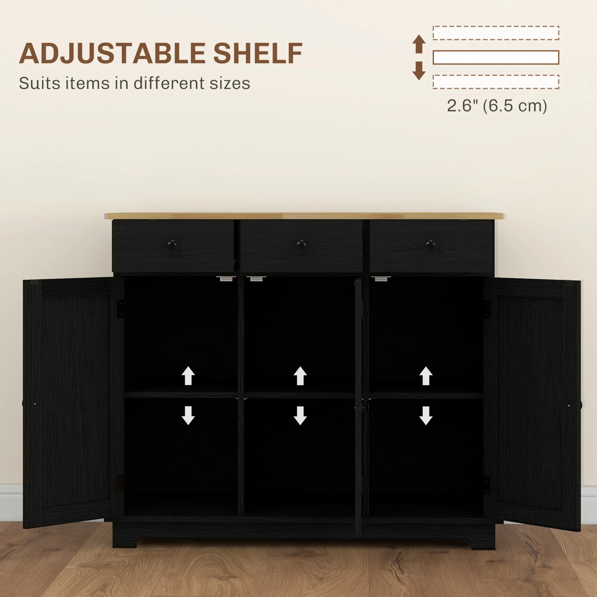 Sideboard Floor Cupboard, Solid Wood Top, Adjustable Shelf & 3 Drawers, Black Wood Grain - Image 7