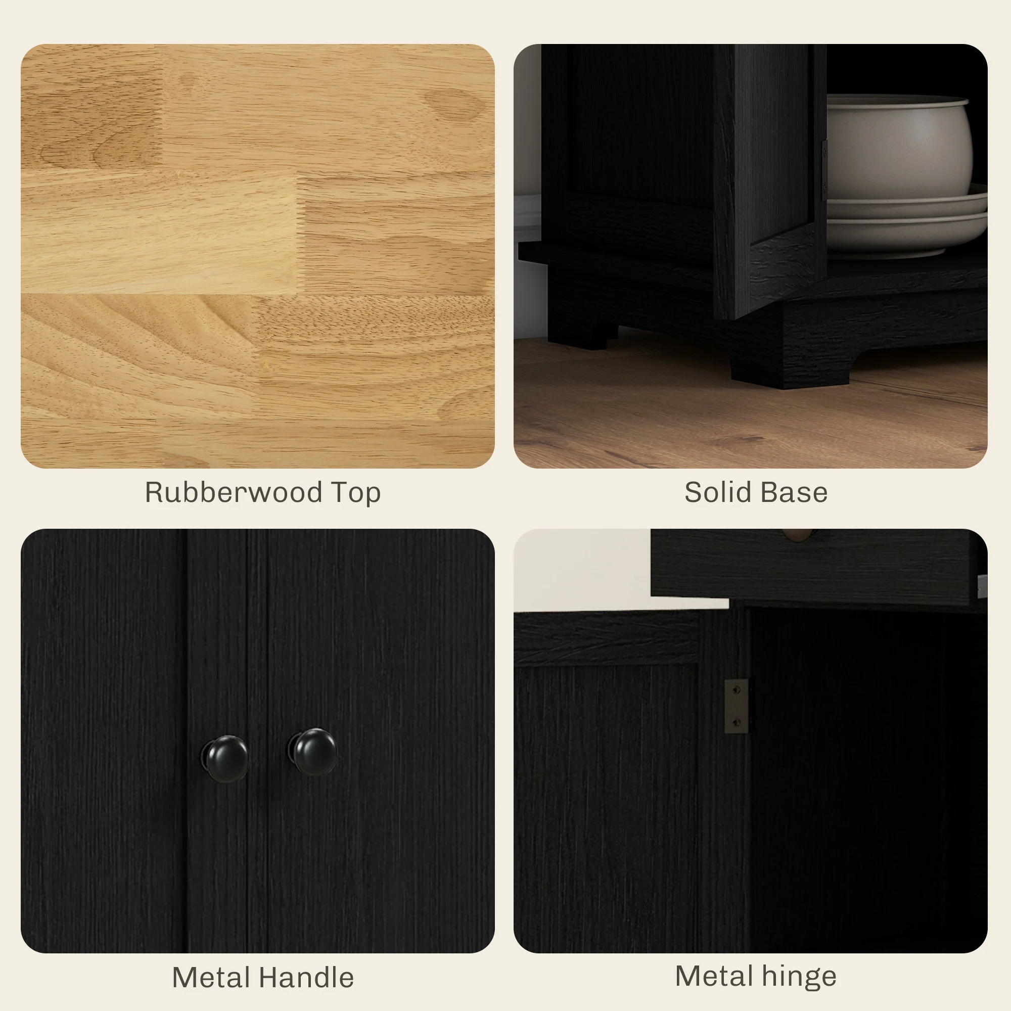 Sideboard Floor Cupboard, Solid Wood Top, Adjustable Shelf & 3 Drawers, Black Wood Grain - Image 8