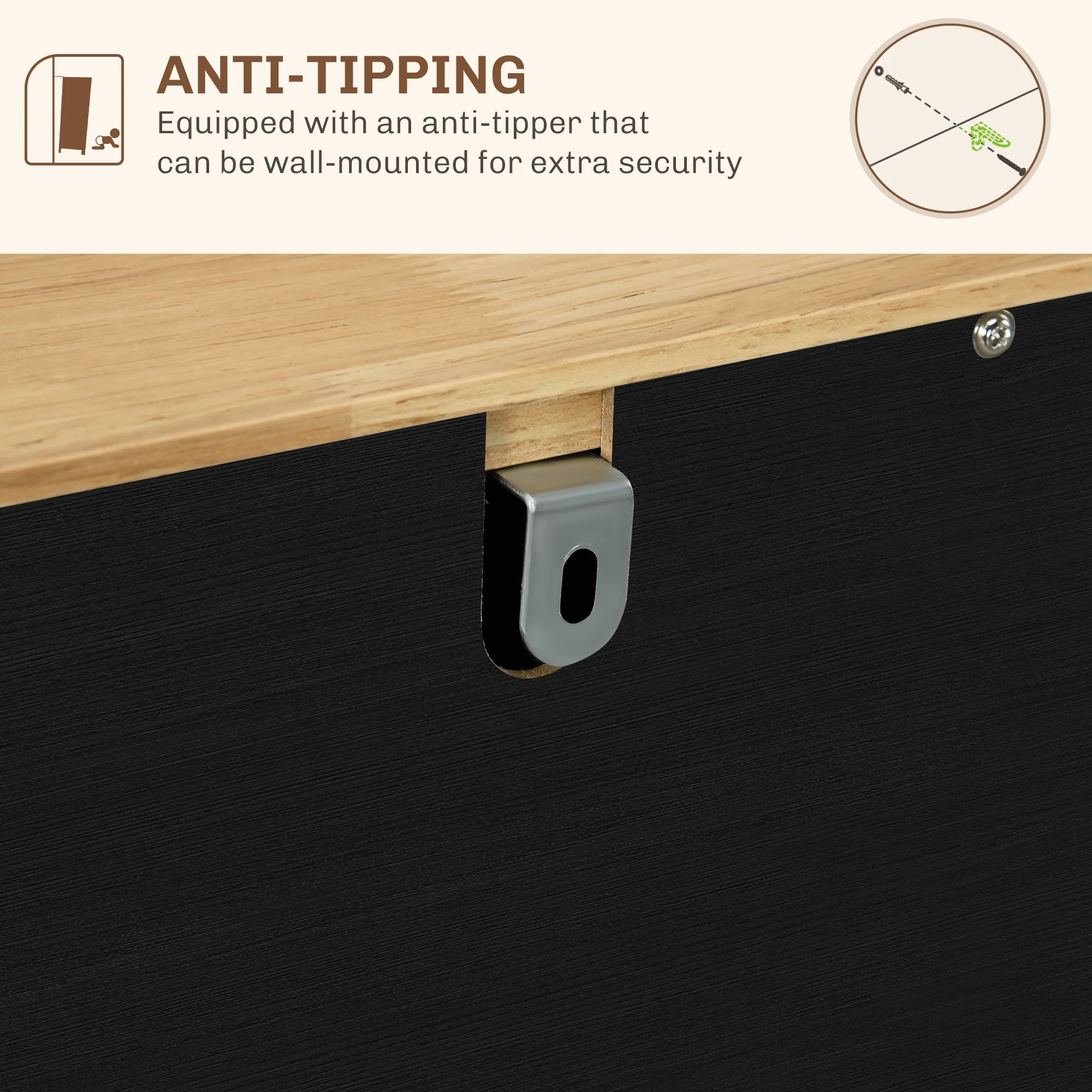 Sideboard Floor Cupboard, Solid Wood Top, Adjustable Shelf & 3 Drawers, Black Wood Grain - Image 9
