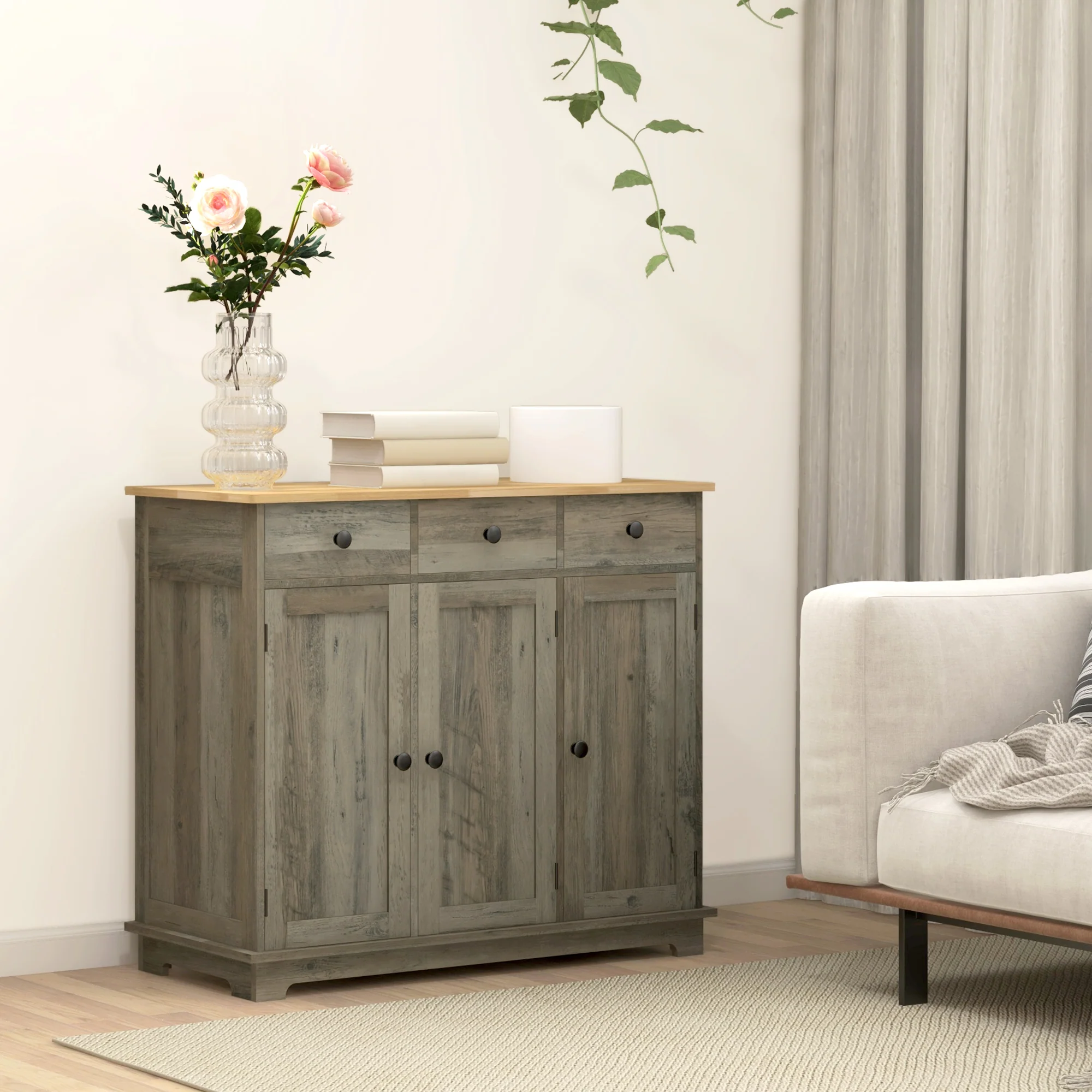 Sideboard Floor Cupboard, Solid Wood Top, Adjustable Shelf & 3 Drawers, Distressed Gray - Image 10