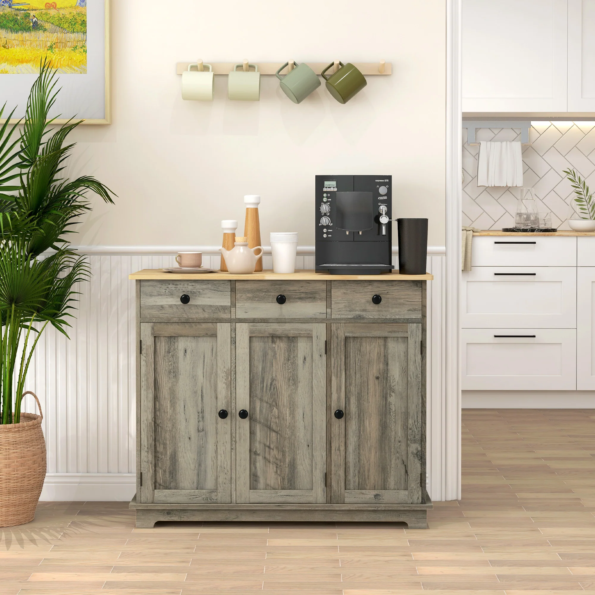 Sideboard Floor Cupboard, Solid Wood Top, Adjustable Shelf & 3 Drawers, Distressed Gray - Image 3