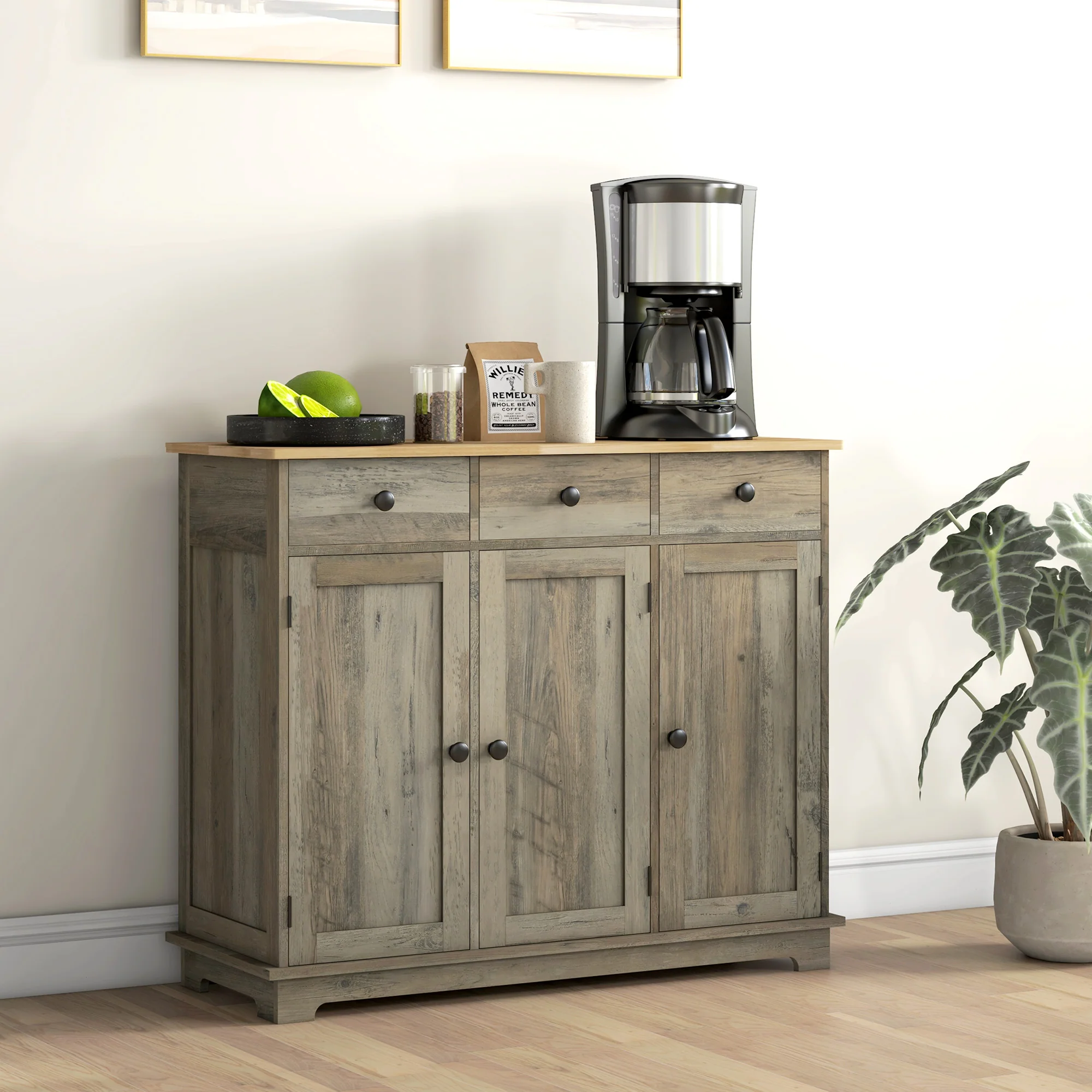 Sideboard Floor Cupboard, Solid Wood Top, Adjustable Shelf & 3 Drawers, Distressed Gray - Image 4
