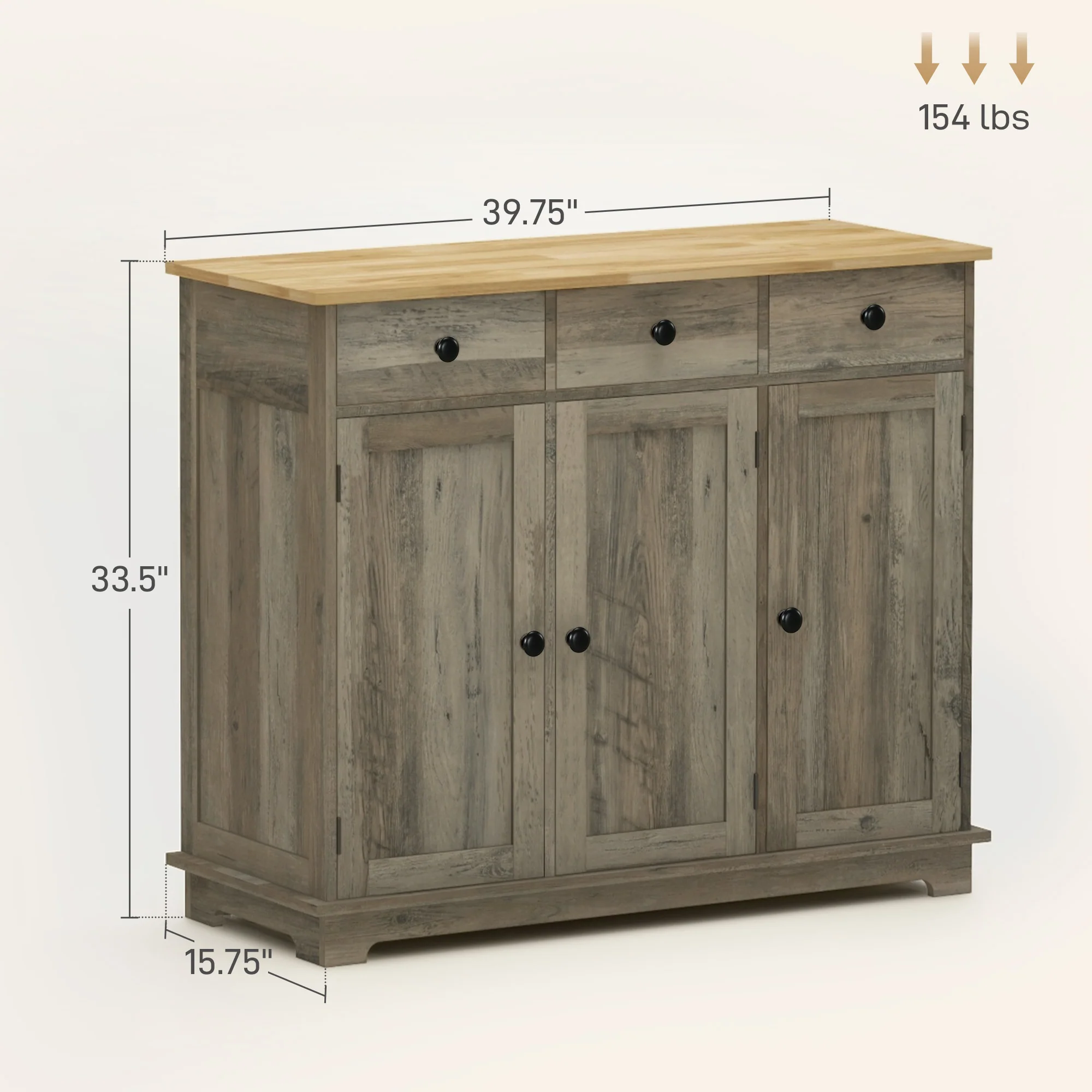 Sideboard Floor Cupboard, Solid Wood Top, Adjustable Shelf & 3 Drawers, Distressed Gray - Image 5