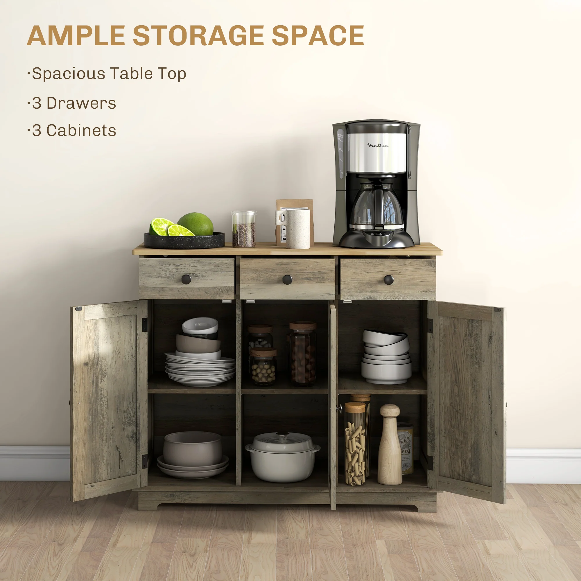 Sideboard Floor Cupboard, Solid Wood Top, Adjustable Shelf & 3 Drawers, Distressed Gray - Image 6