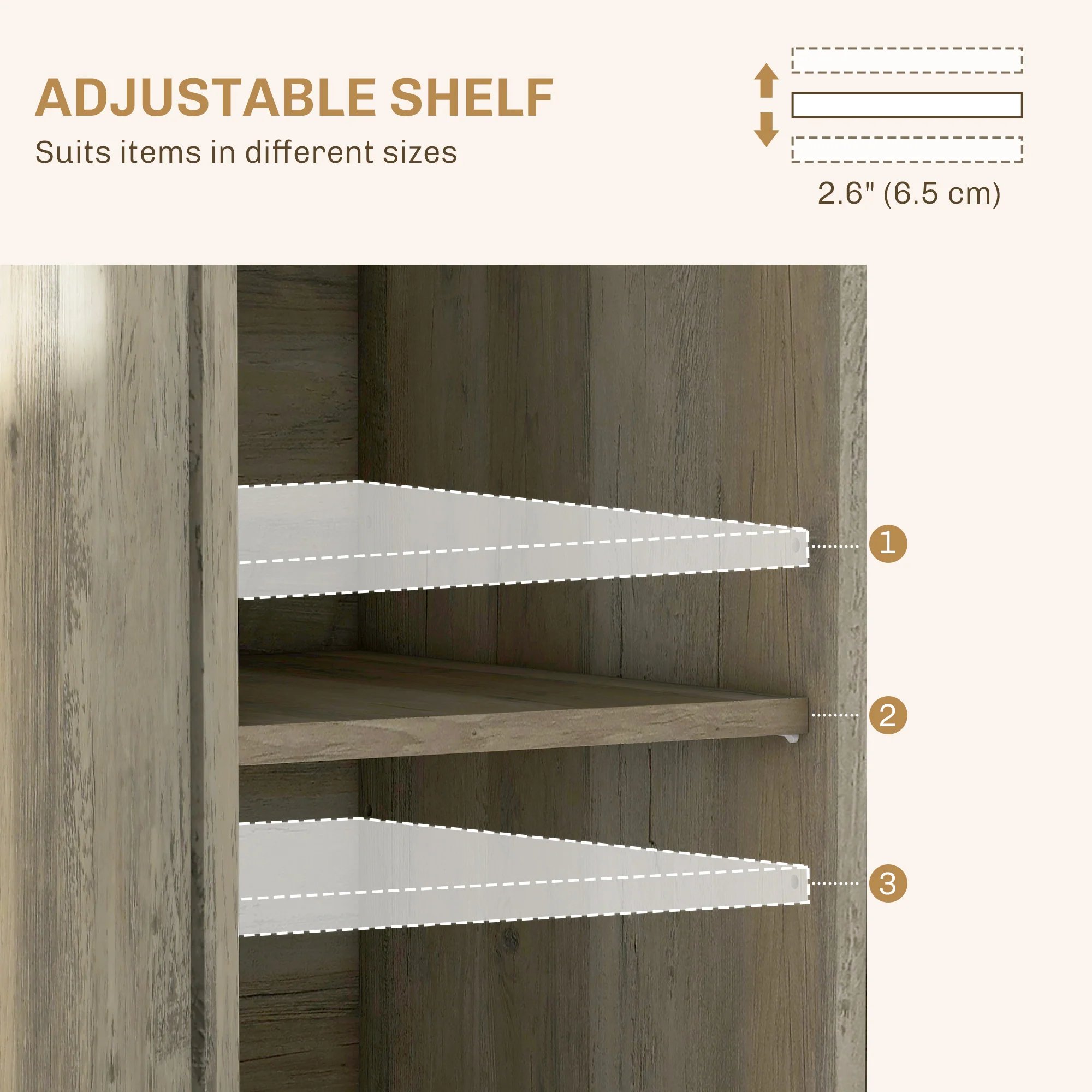 Sideboard Floor Cupboard, Solid Wood Top, Adjustable Shelf & 3 Drawers, Distressed Gray - Image 7