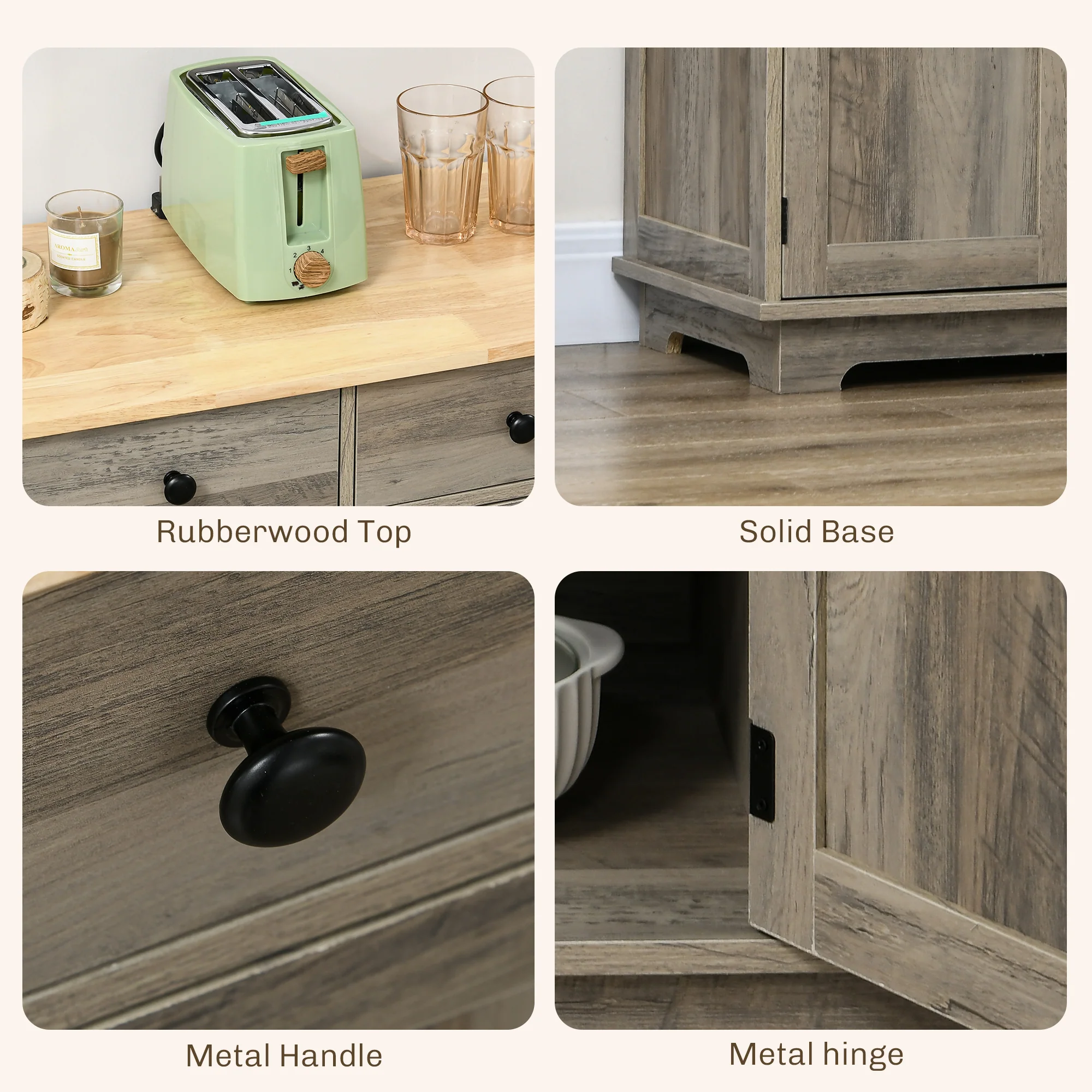 Sideboard Floor Cupboard, Solid Wood Top, Adjustable Shelf & 3 Drawers, Distressed Gray - Image 8