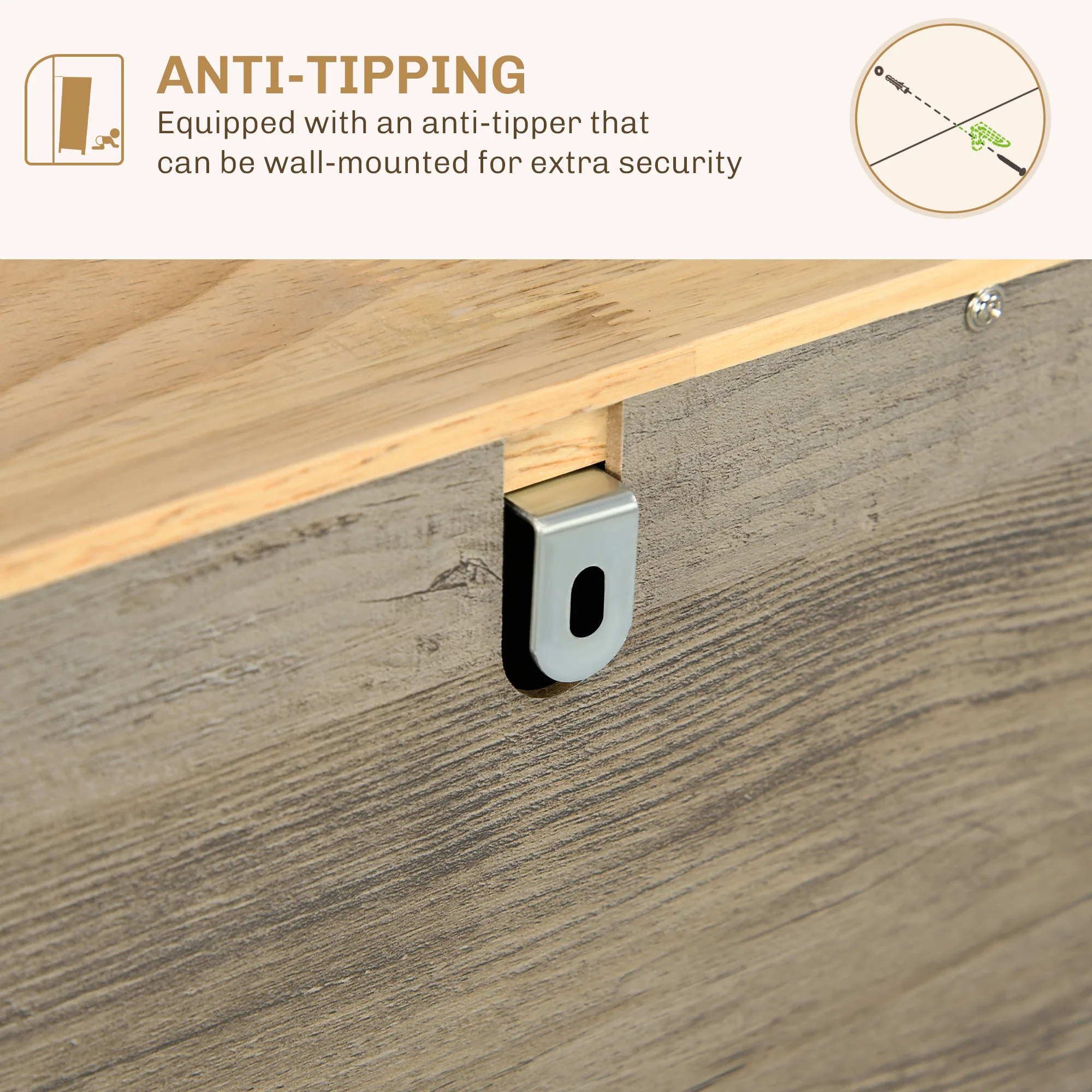 Sideboard Floor Cupboard, Solid Wood Top, Adjustable Shelf & 3 Drawers, Distressed Gray - Image 9