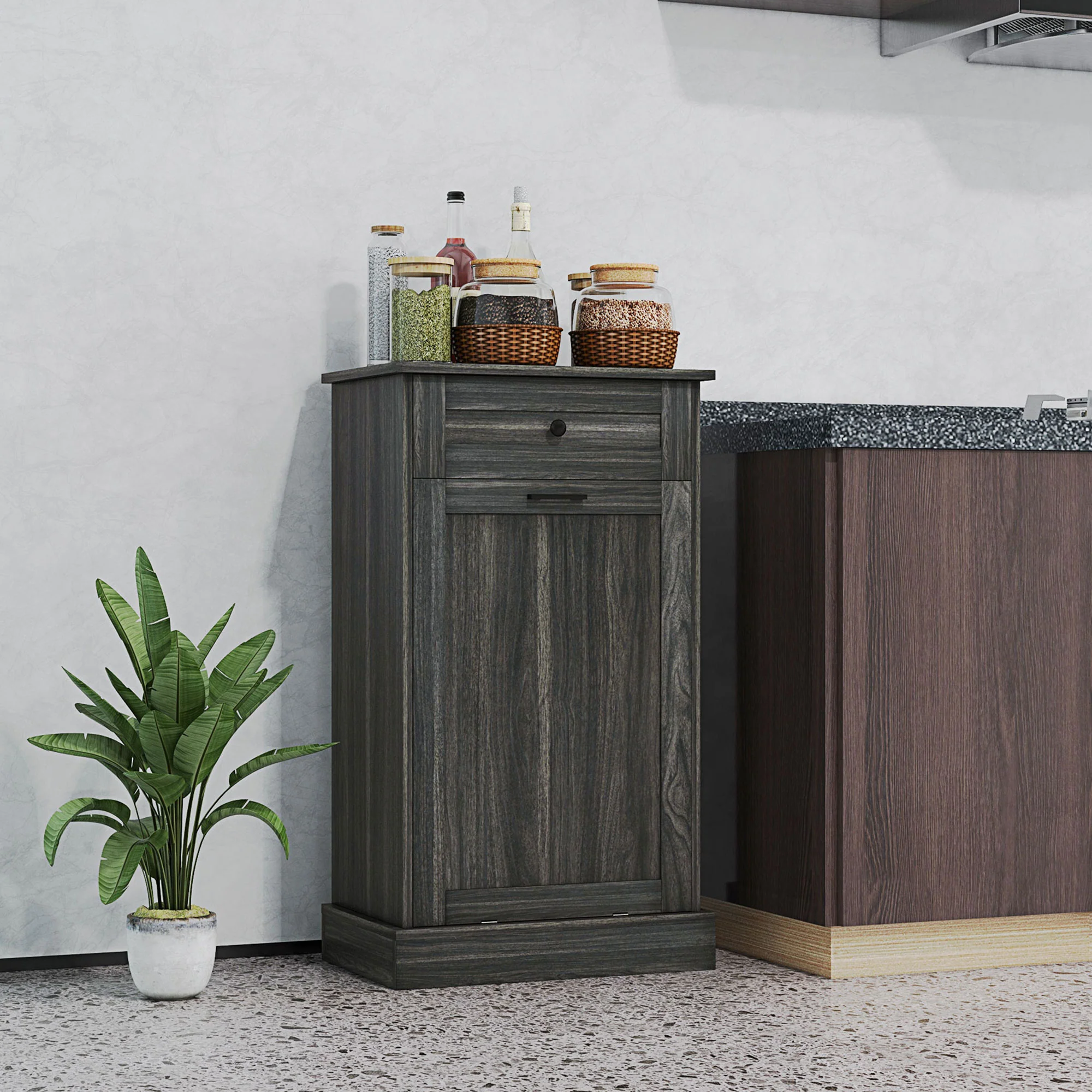 36.6" Freestanding Storage Cabinet with Tilt-Out Trash Bin & Drawer, Charcoal Gray - Image 3