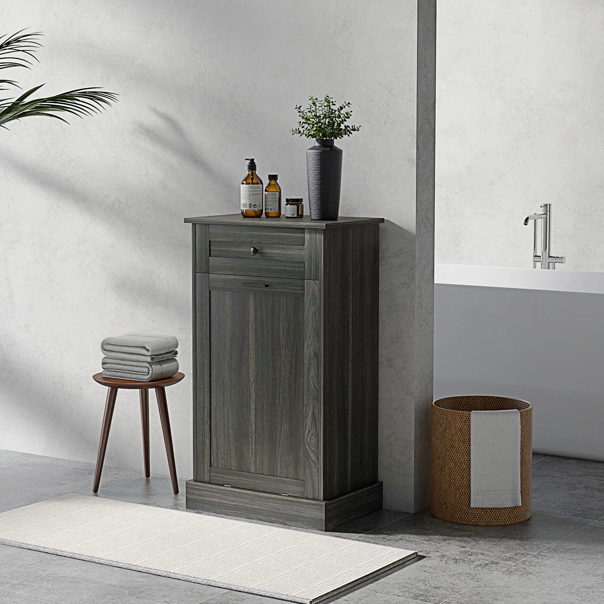 36.6" Freestanding Storage Cabinet with Tilt-Out Trash Bin & Drawer, Charcoal Gray - Image 4