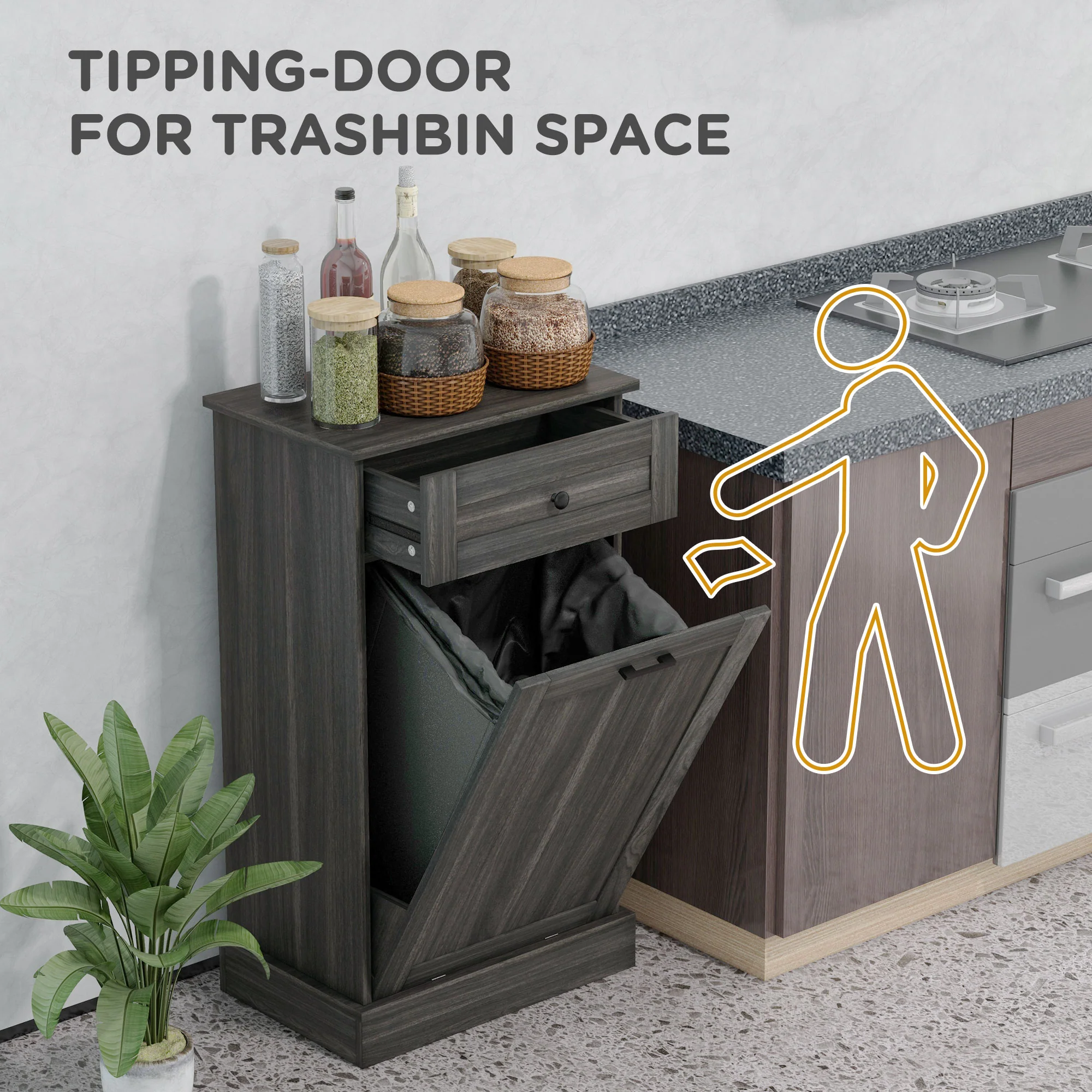 36.6" Freestanding Storage Cabinet with Tilt-Out Trash Bin & Drawer, Charcoal Gray - Image 6