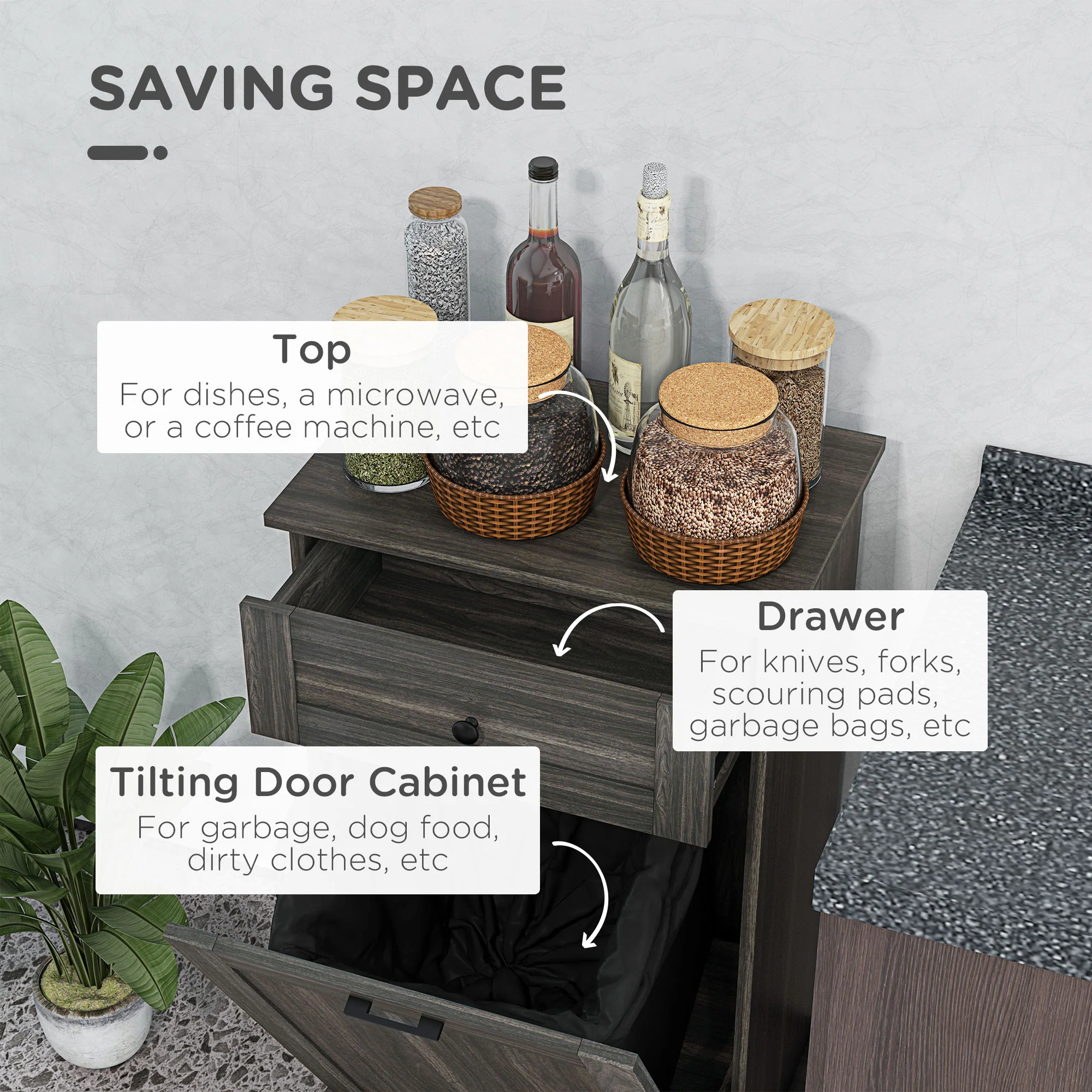 36.6" Freestanding Storage Cabinet with Tilt-Out Trash Bin & Drawer, Charcoal Gray - Image 7