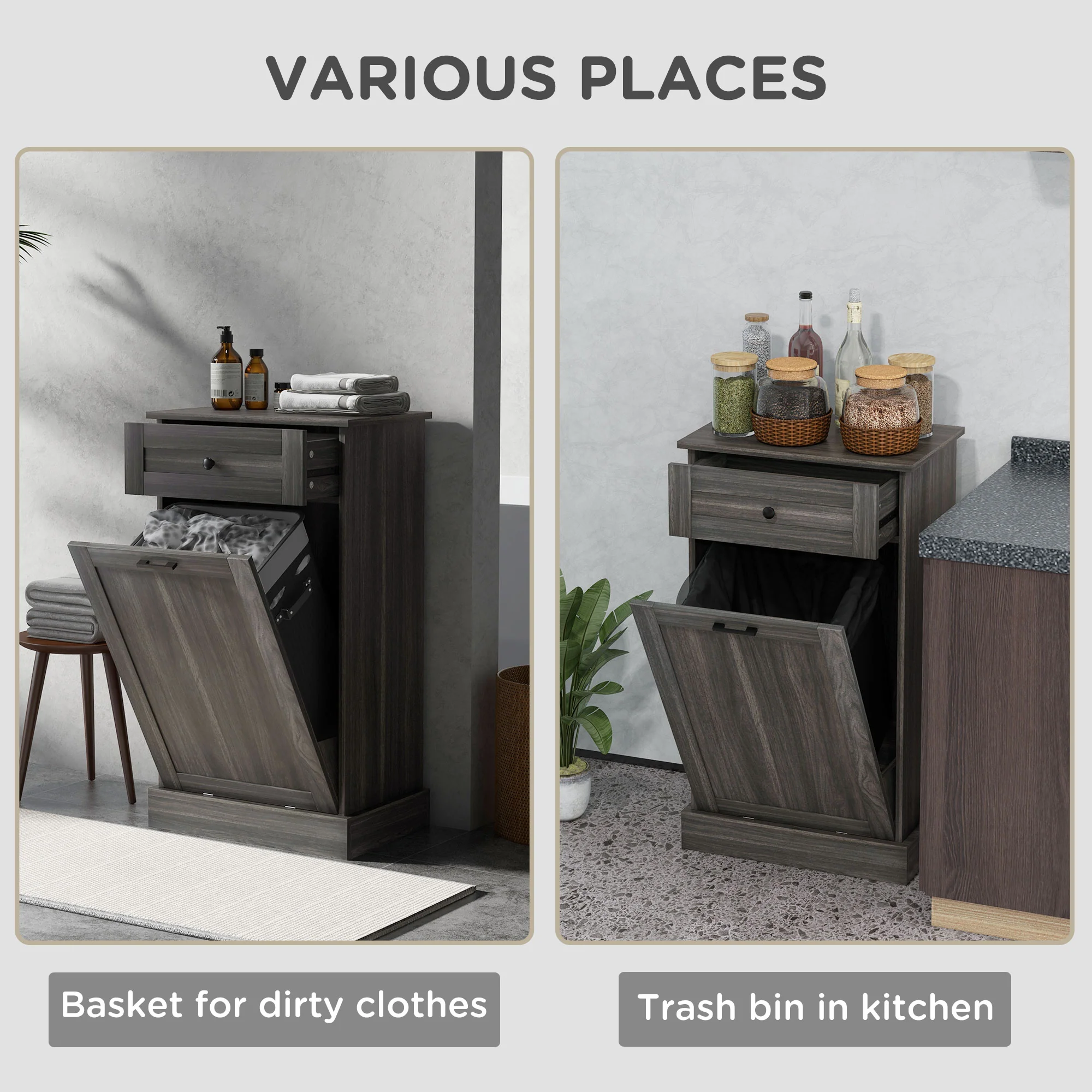 36.6" Freestanding Storage Cabinet with Tilt-Out Trash Bin & Drawer, Charcoal Gray - Image 8