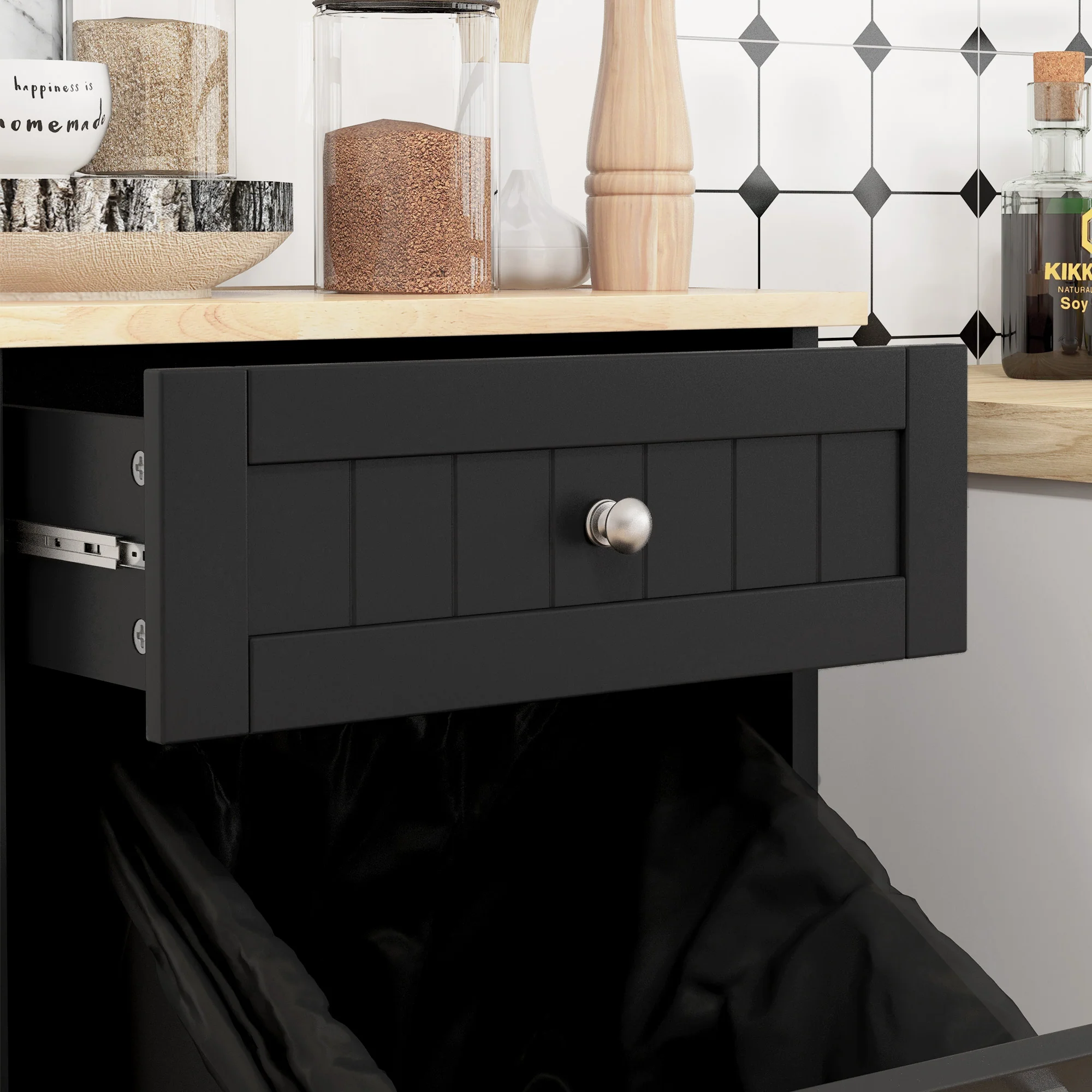 Kitchen Tilt Out Trash Bin Cabinet, Recycling Cabinet Trash Can Holder With Drawer, Black - Image 10