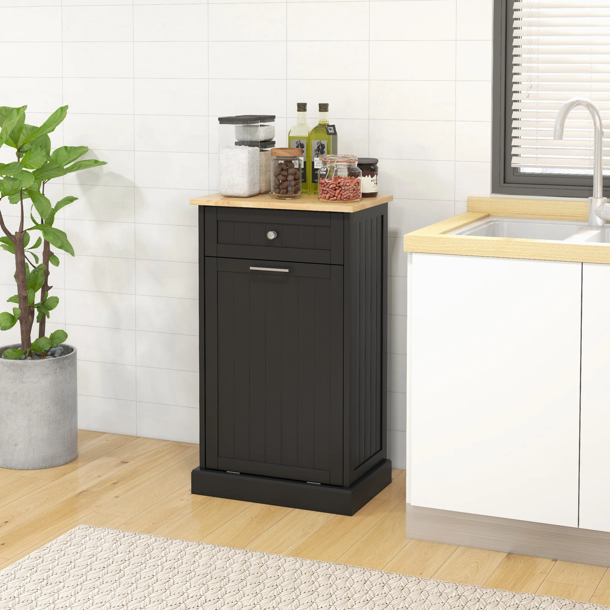 Kitchen Tilt Out Trash Bin Cabinet, Recycling Cabinet Trash Can Holder With Drawer, Black - Image 3