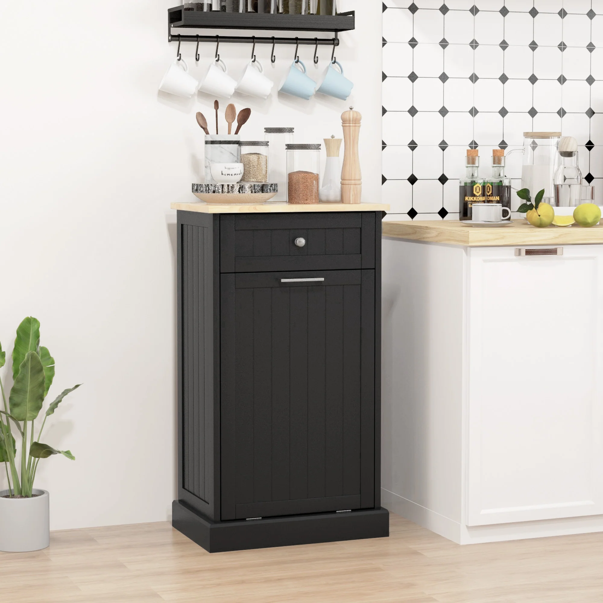 Kitchen Tilt Out Trash Bin Cabinet, Recycling Cabinet Trash Can Holder With Drawer, Black - Image 4