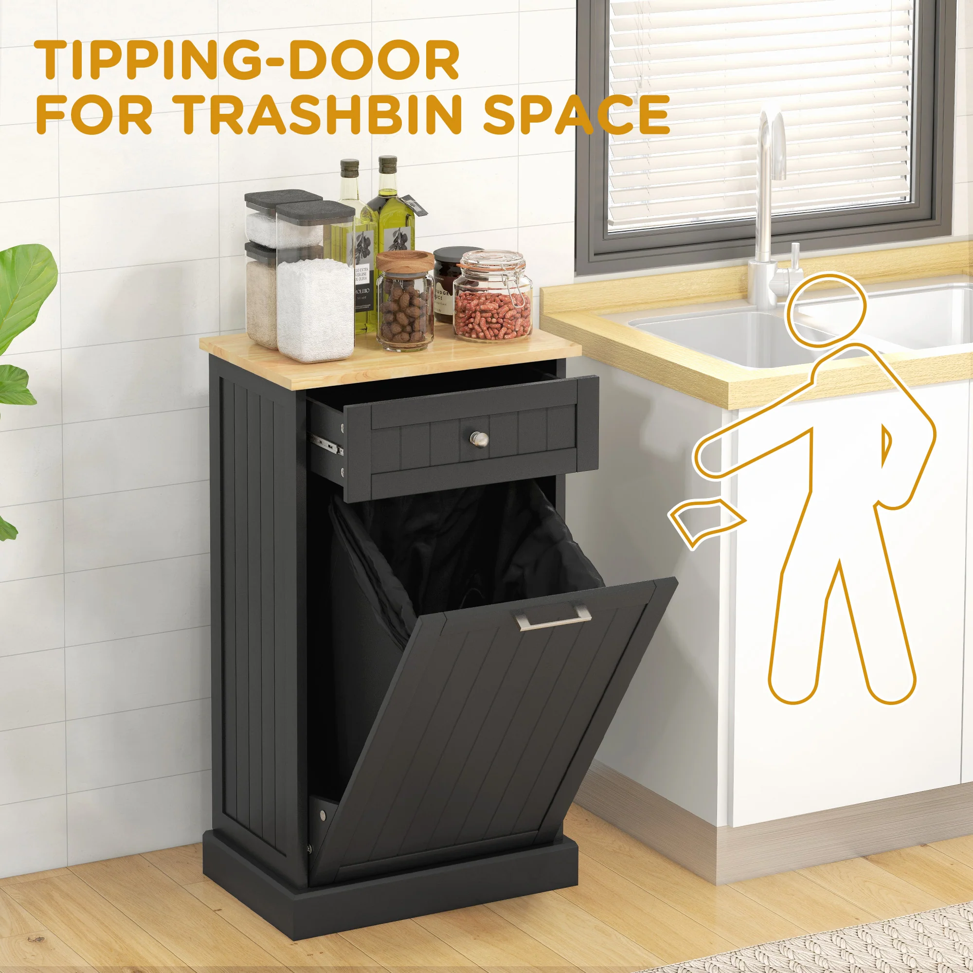 Kitchen Tilt Out Trash Bin Cabinet, Recycling Cabinet Trash Can Holder With Drawer, Black - Image 6