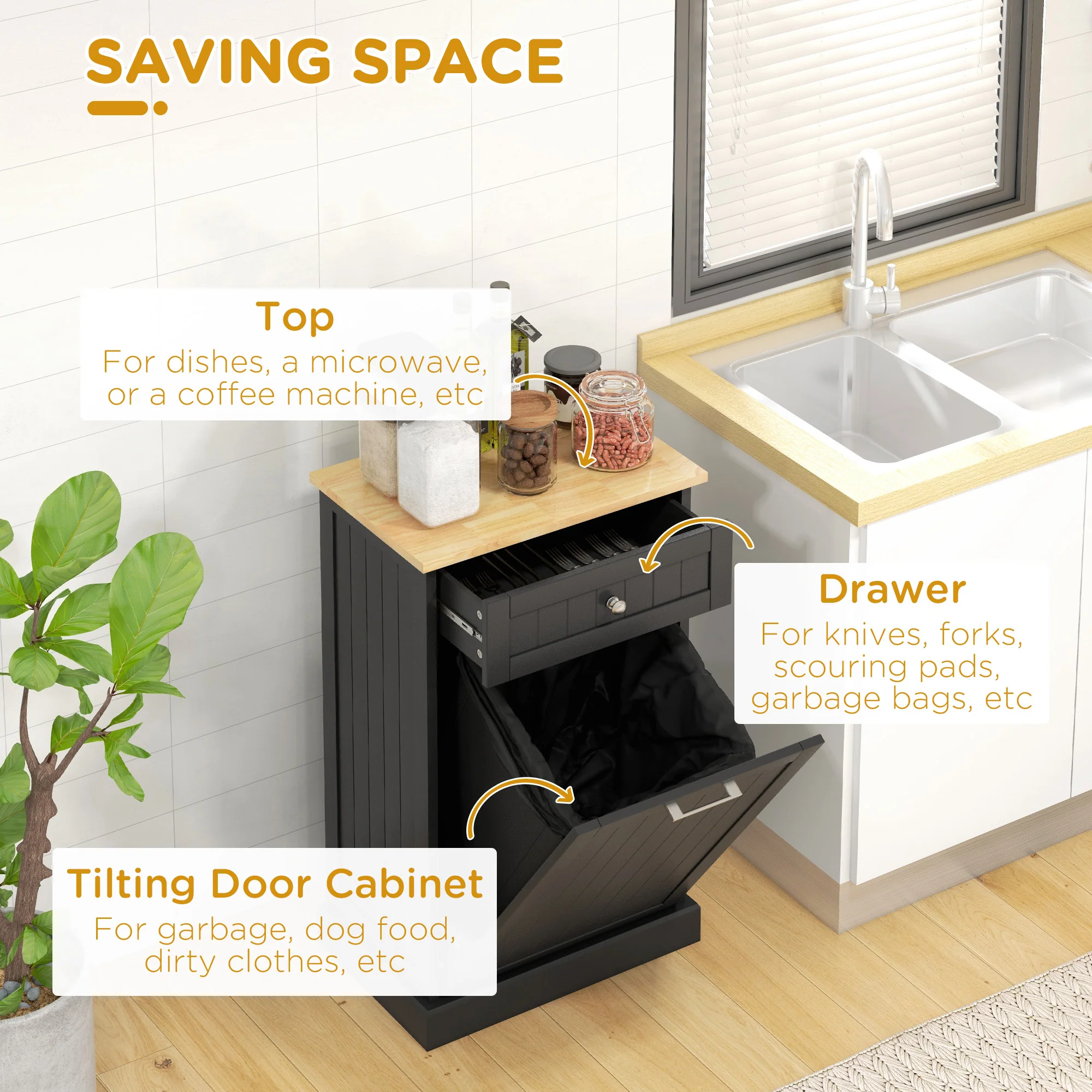 Kitchen Tilt Out Trash Bin Cabinet, Recycling Cabinet Trash Can Holder With Drawer, Black - Image 7