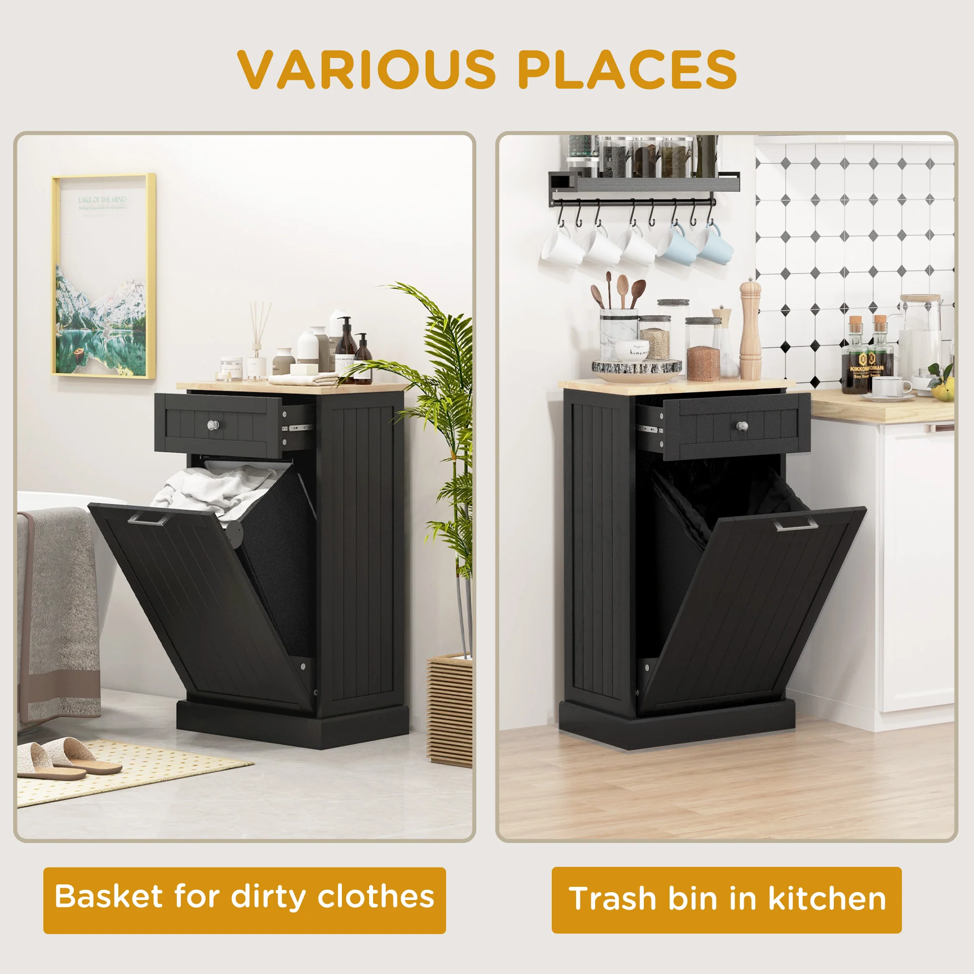 Kitchen Tilt Out Trash Bin Cabinet, Recycling Cabinet Trash Can Holder With Drawer, Black - Image 8