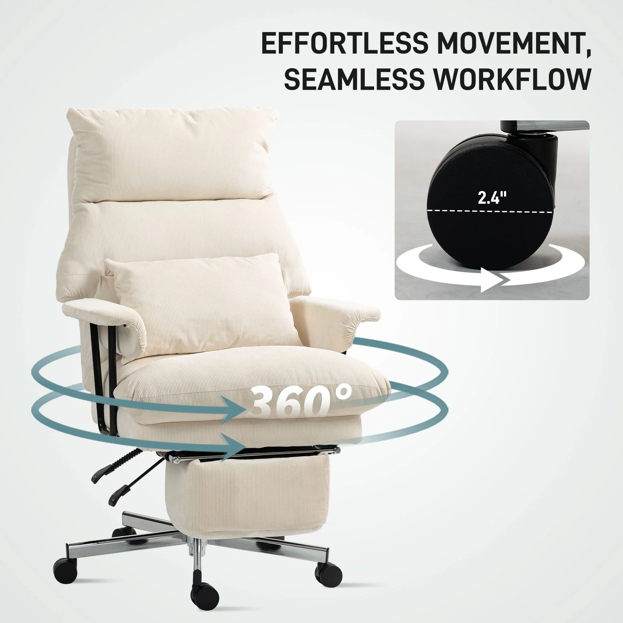 Executive Office Chair with Lumbar Support & Footrest, High Back Reclining, Cream White - Image 10