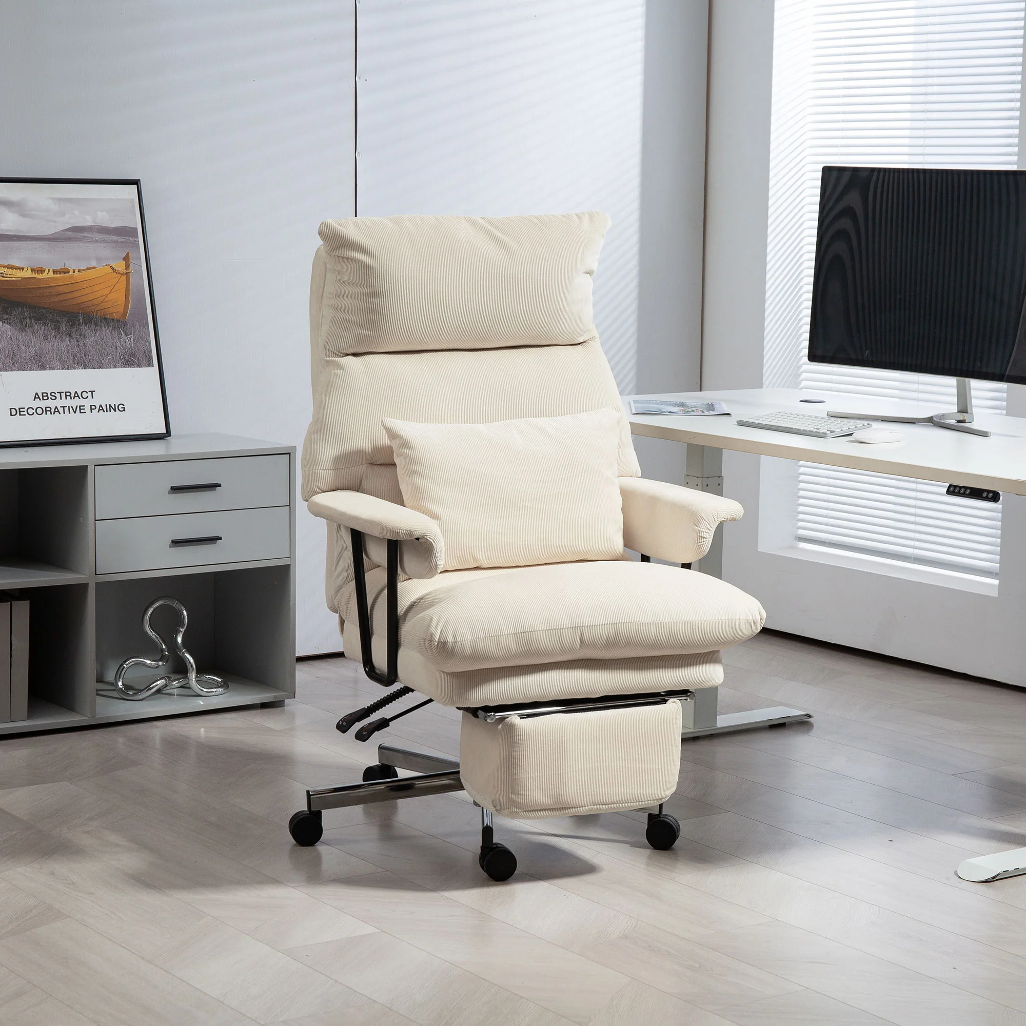 Executive Office Chair with Lumbar Support & Footrest, High Back Reclining, Cream White - Image 4