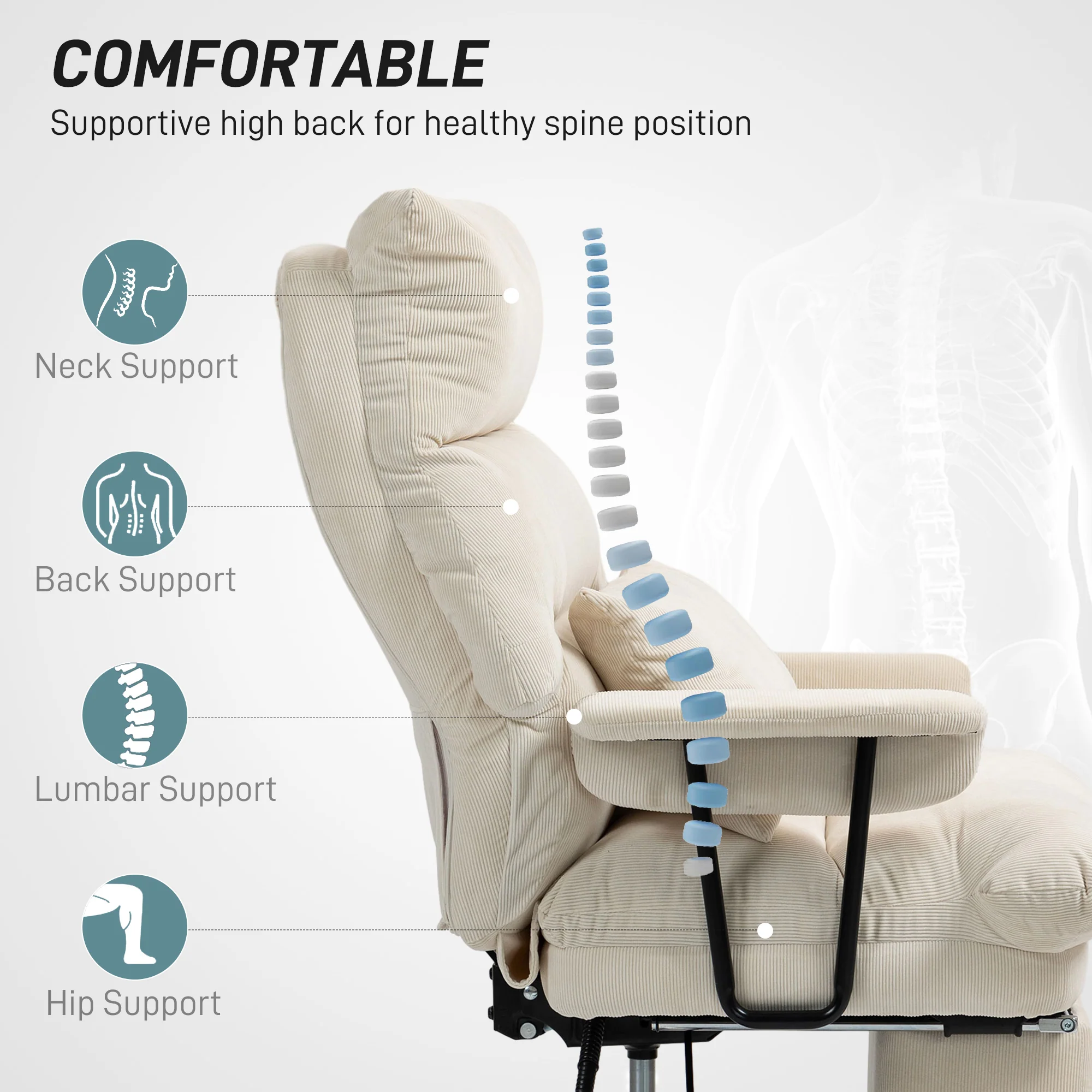 Executive Office Chair with Lumbar Support & Footrest, High Back Reclining, Cream White - Image 6