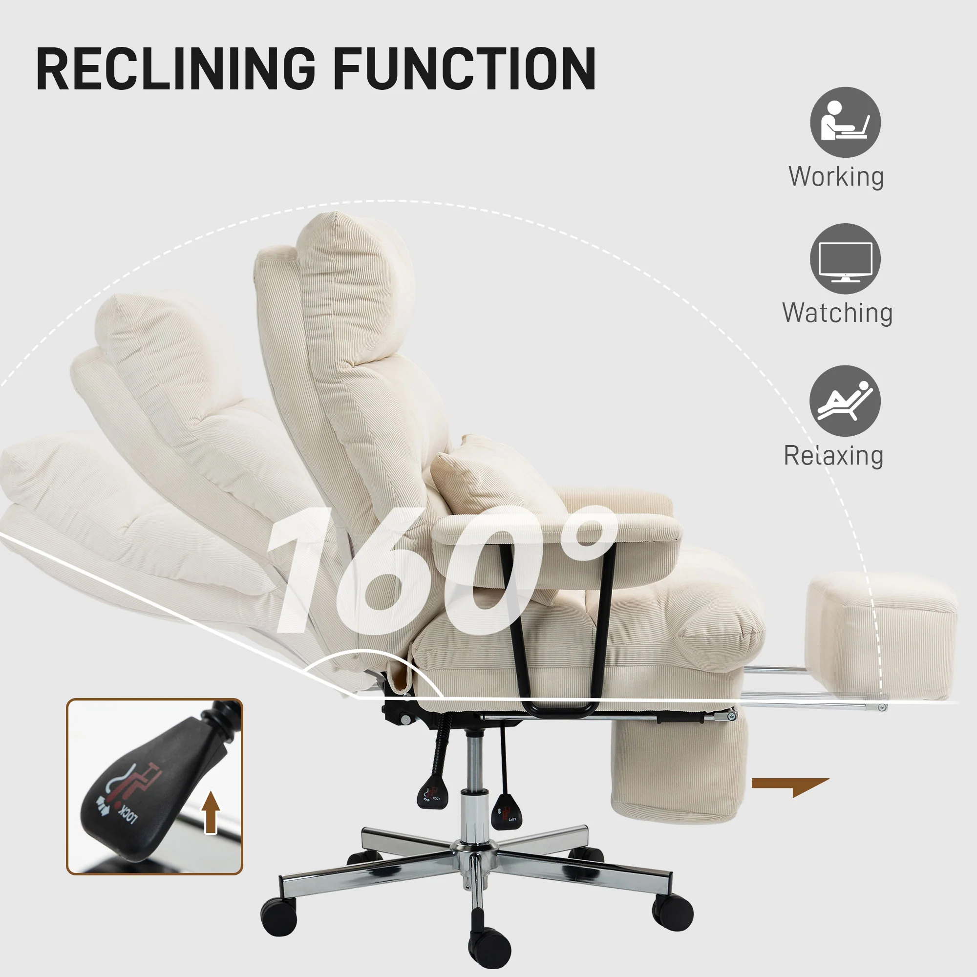 Executive Office Chair with Lumbar Support & Footrest, High Back Reclining, Cream White - Image 8