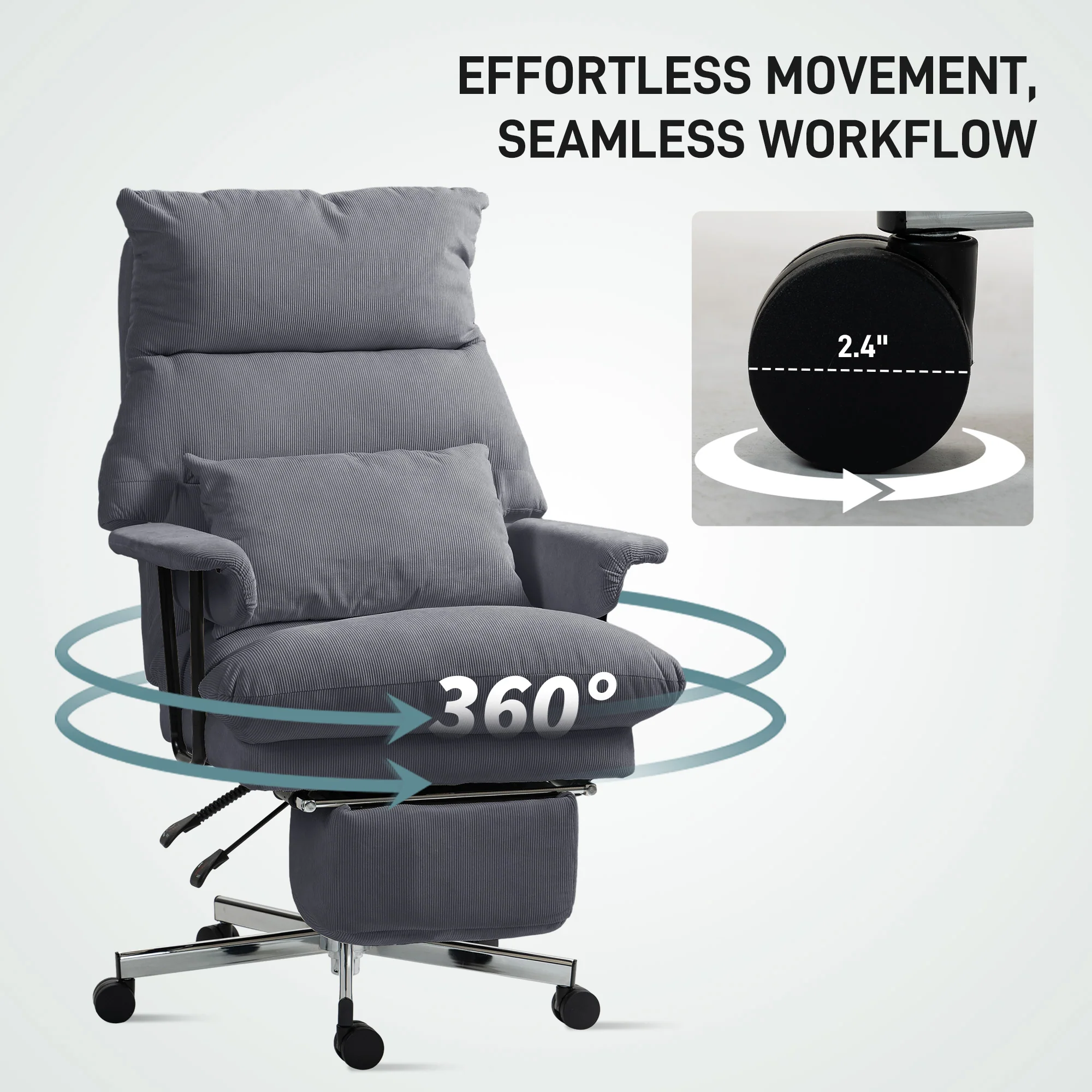 Executive Office Chair with Lumbar Support, Footrest, High Back Reclining, Gray - Image 10