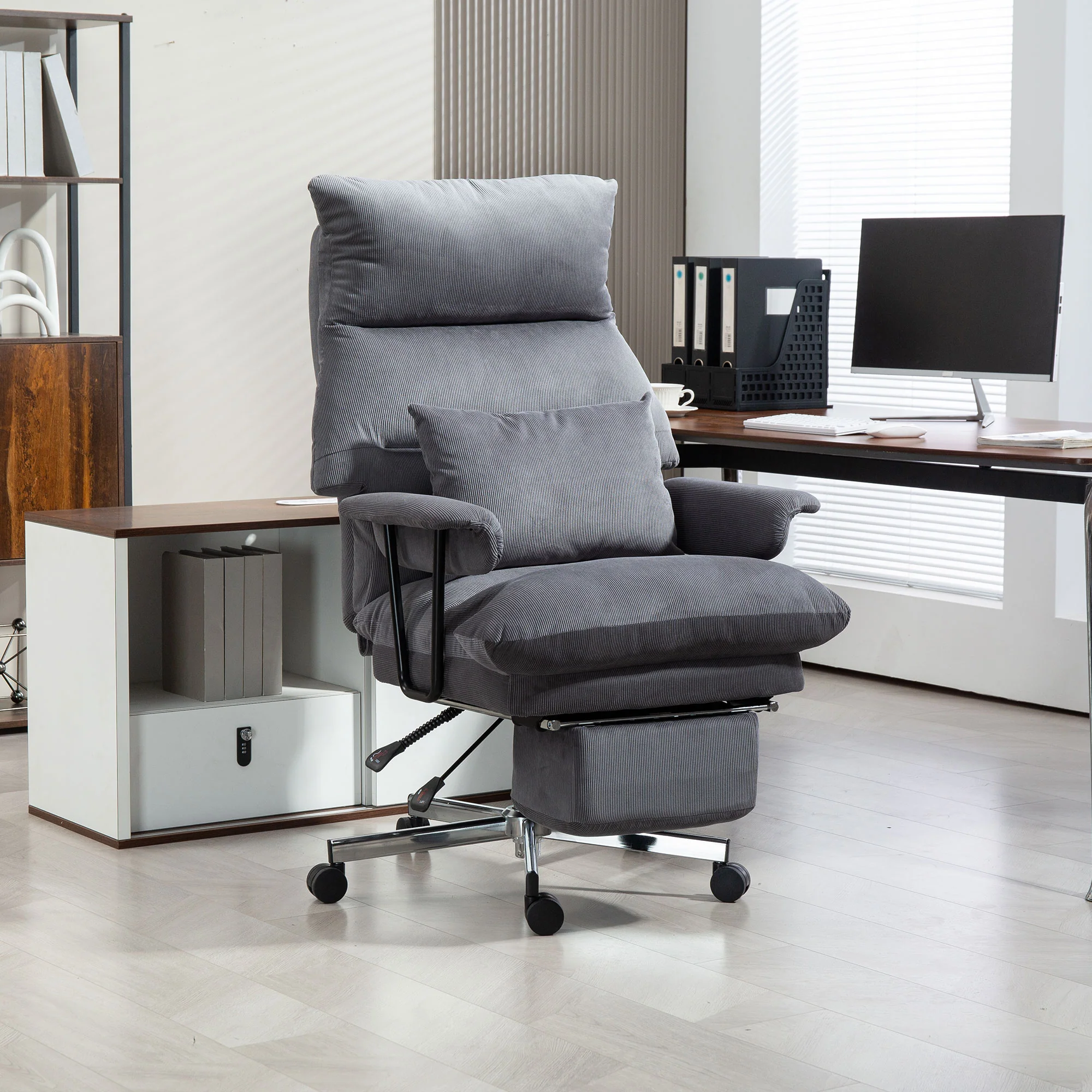 Executive Office Chair with Lumbar Support, Footrest, High Back Reclining, Gray - Image 4