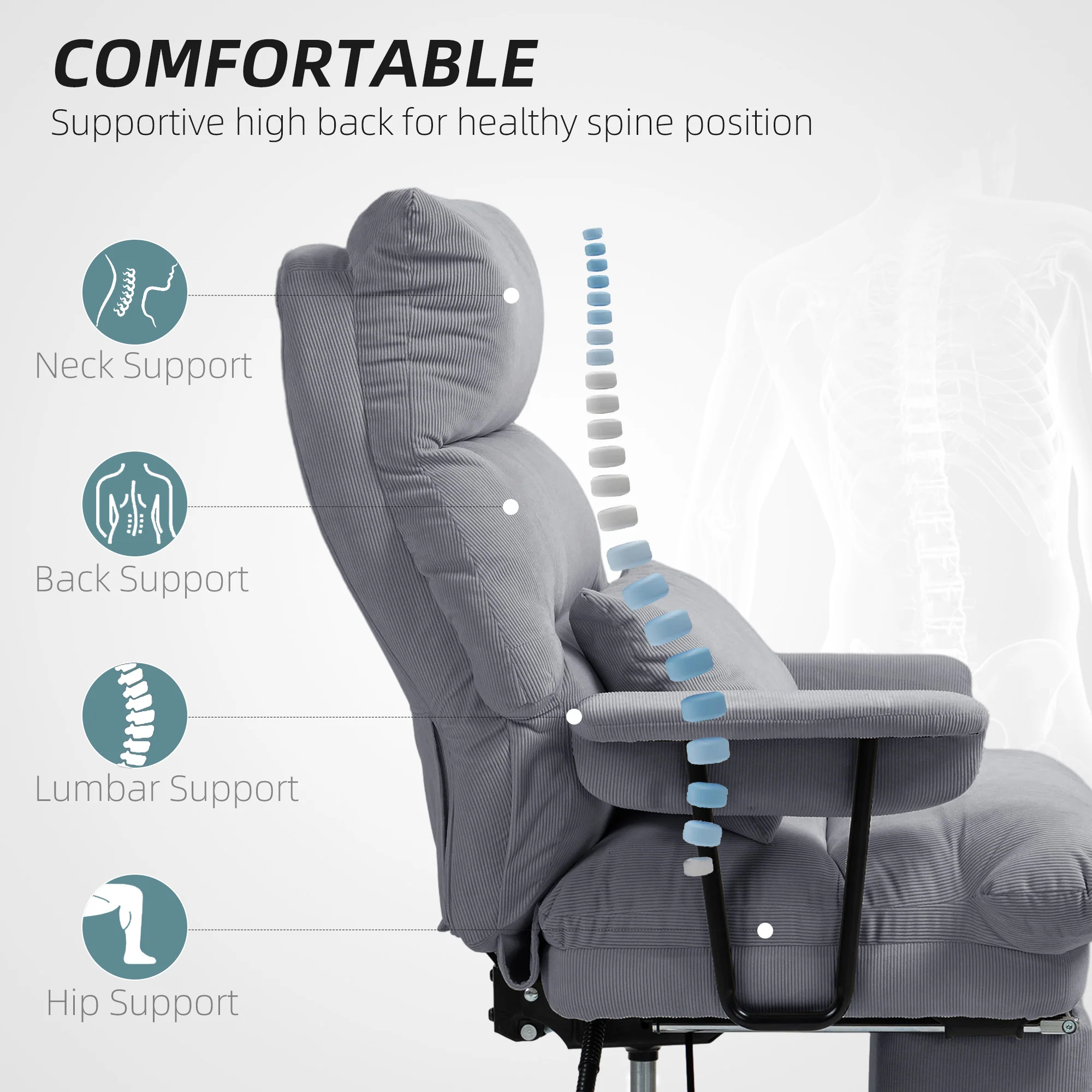 Executive Office Chair with Lumbar Support, Footrest, High Back Reclining, Gray - Image 6