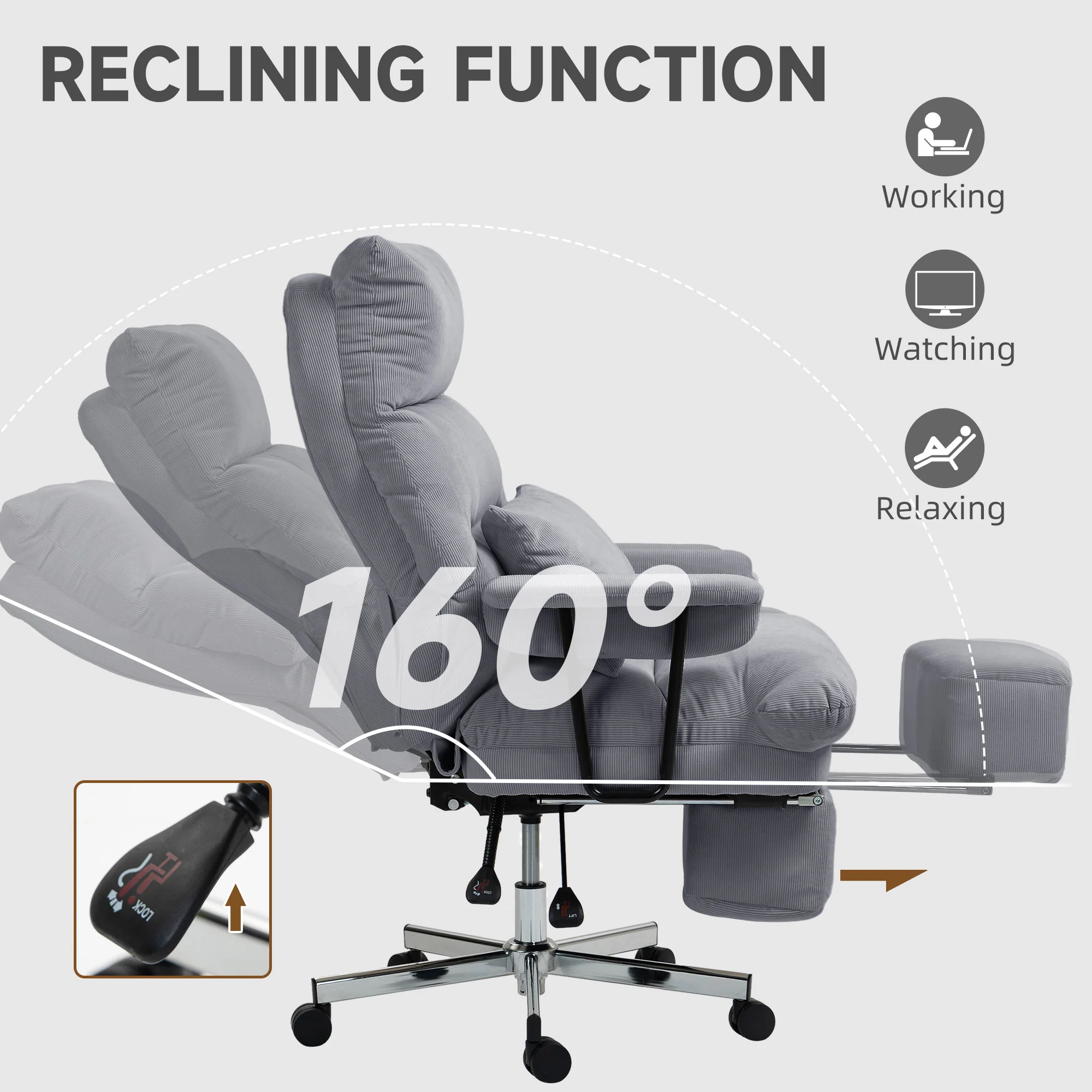Executive Office Chair with Lumbar Support, Footrest, High Back Reclining, Gray - Image 8
