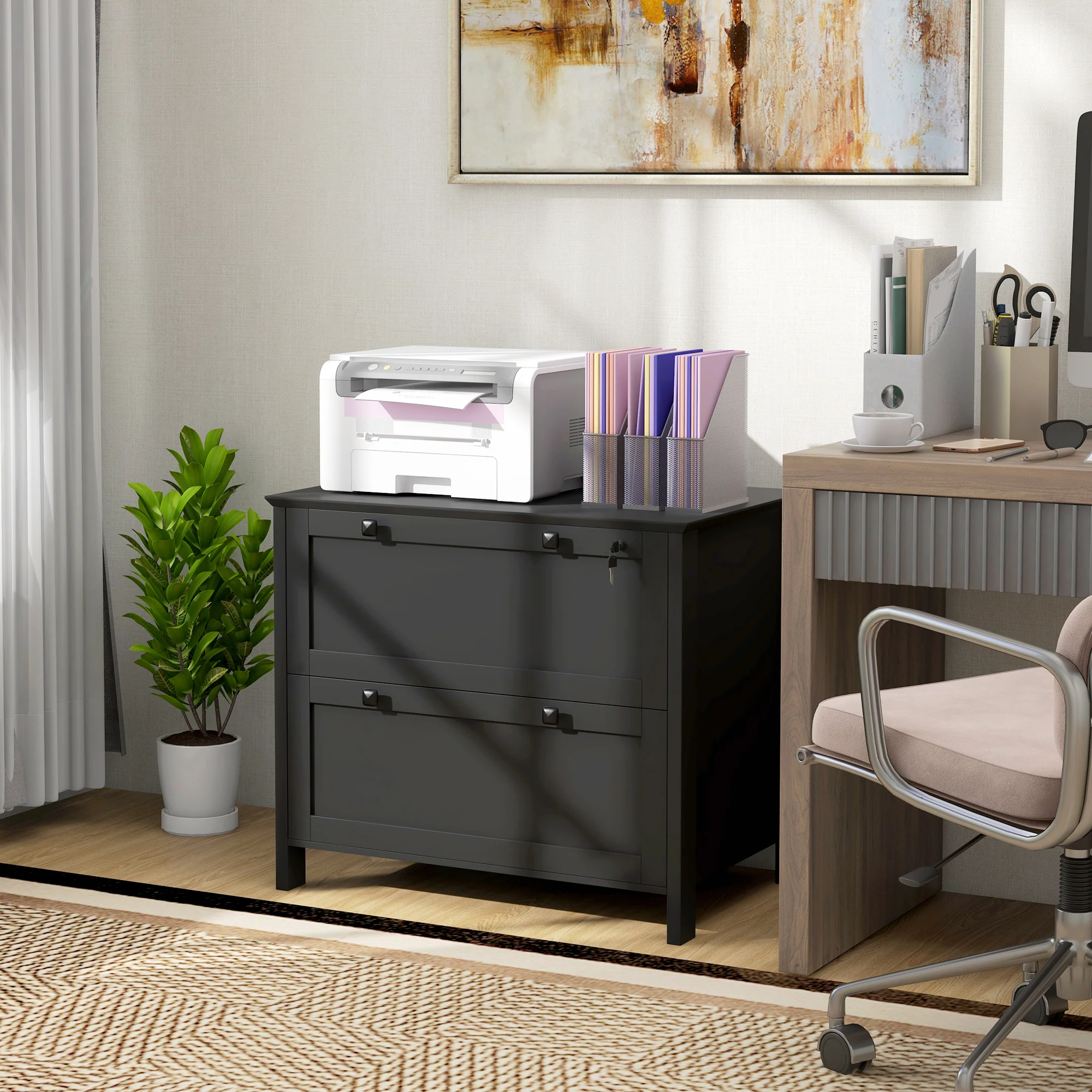 2 Drawer File Cabinet with Lock and Adjustable Hanging Bar Black - Image 3