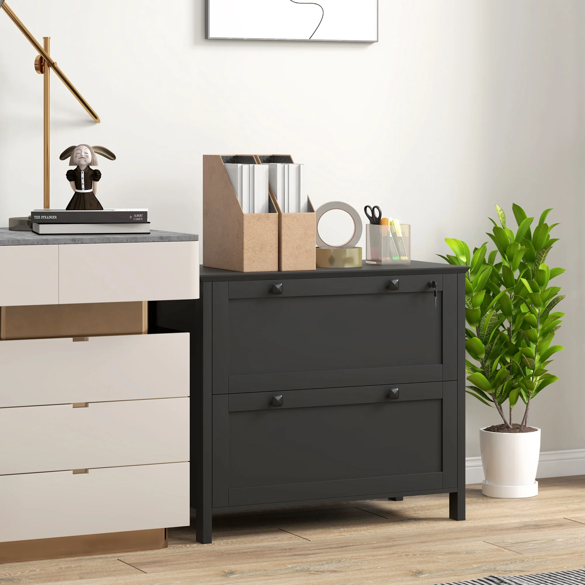 2 Drawer File Cabinet with Lock and Adjustable Hanging Bar Black - Image 4