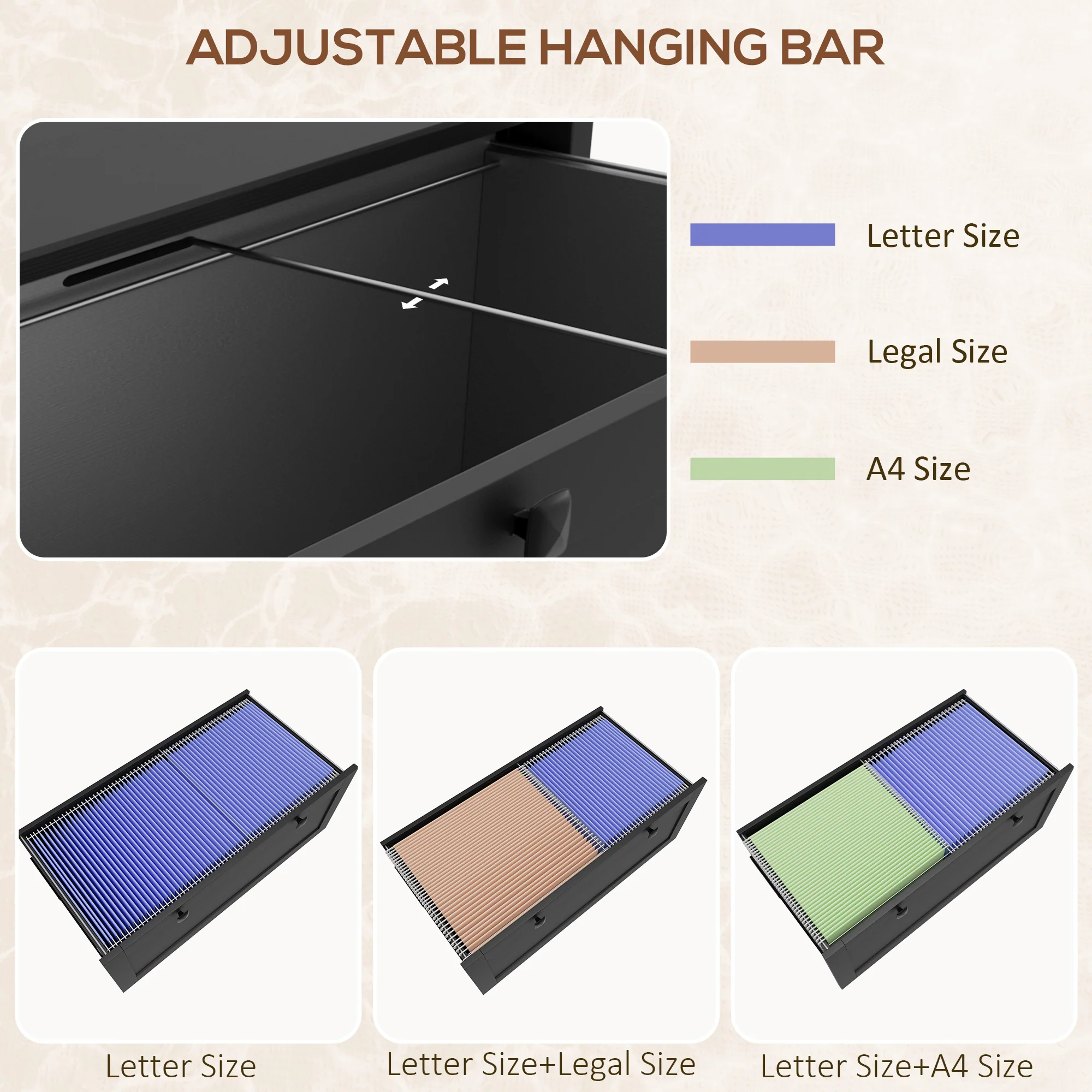 2 Drawer File Cabinet with Lock and Adjustable Hanging Bar Black - Image 7