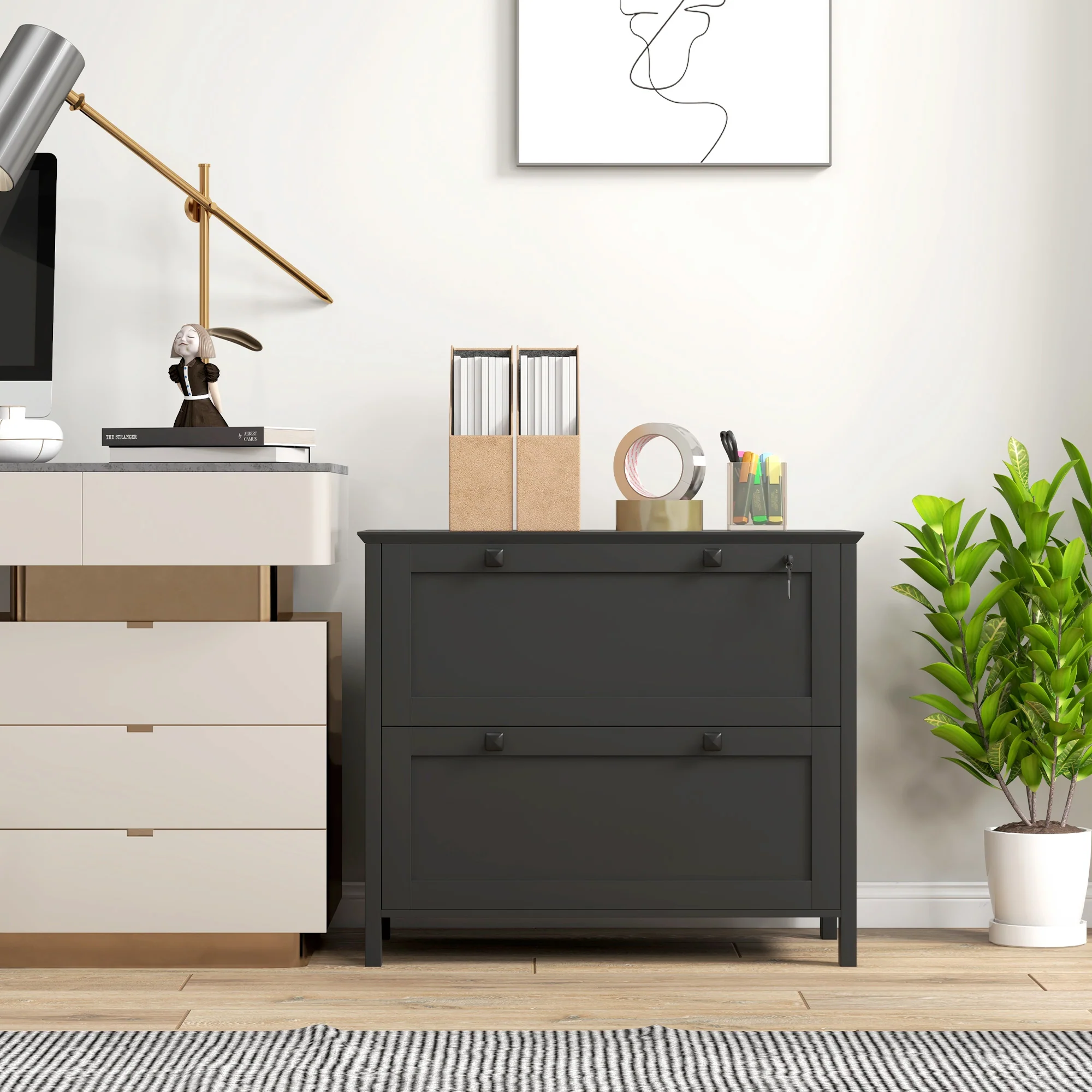 2 Drawer File Cabinet with Lock and Adjustable Hanging Bar Black - Image 9