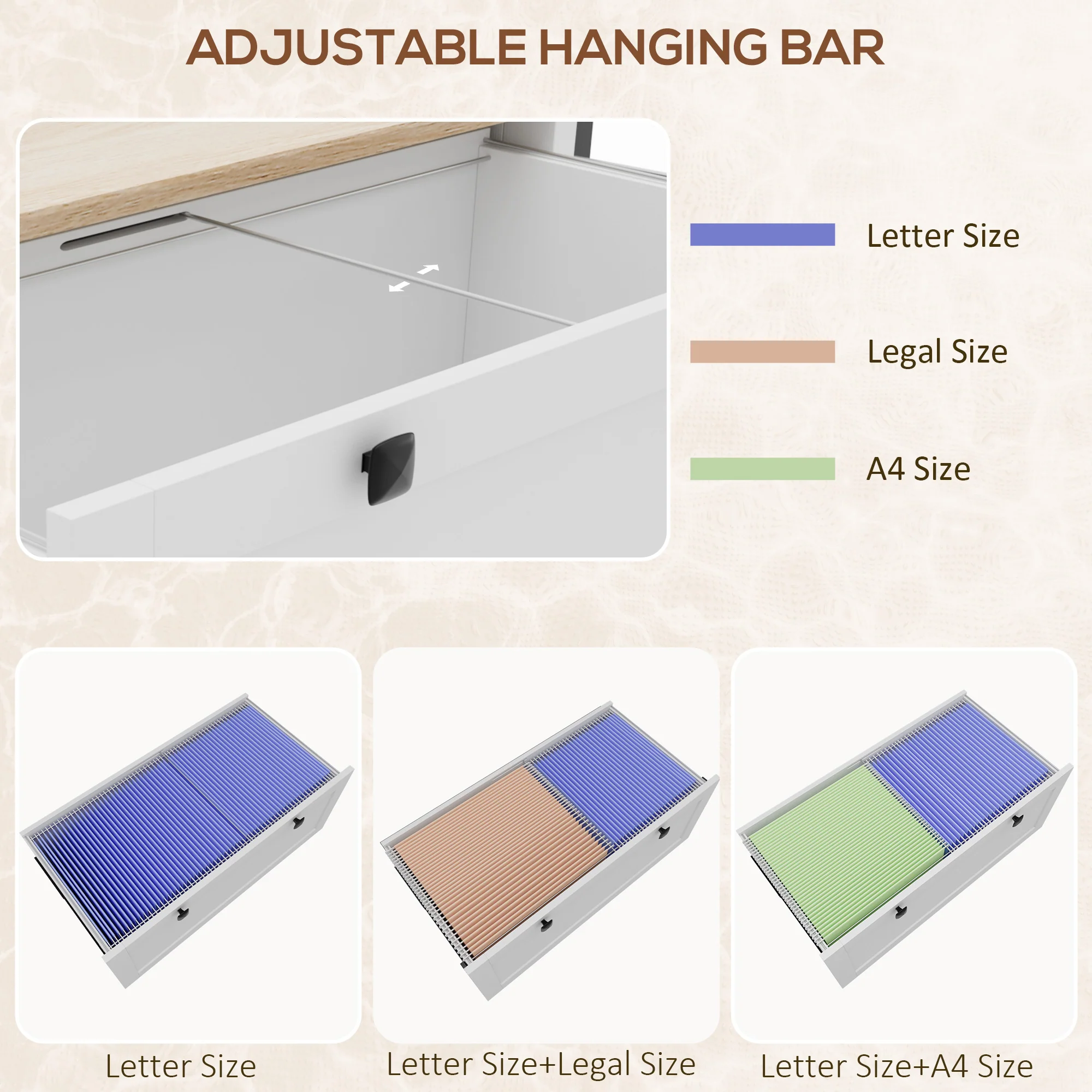 2 Drawer Filing Cabinet with Adjustable Hanging Bar for Letter, A4, White - Image 7