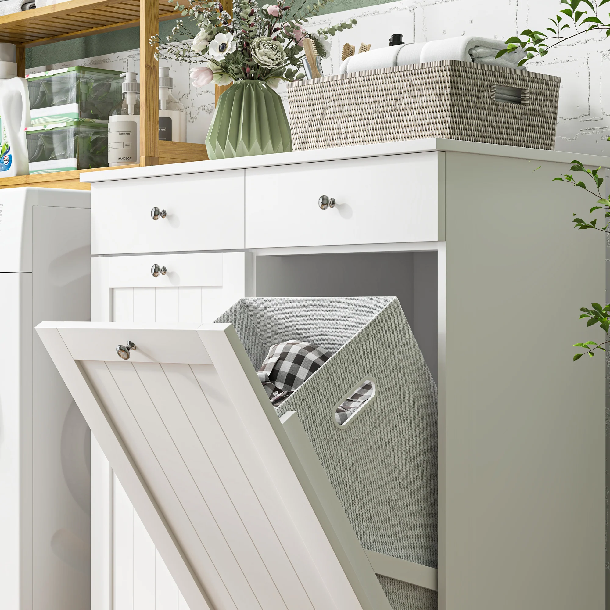Laundry Hamper Cabinet with 2 Tilt-Out Baskets and 2 Drawers, White - Image 11