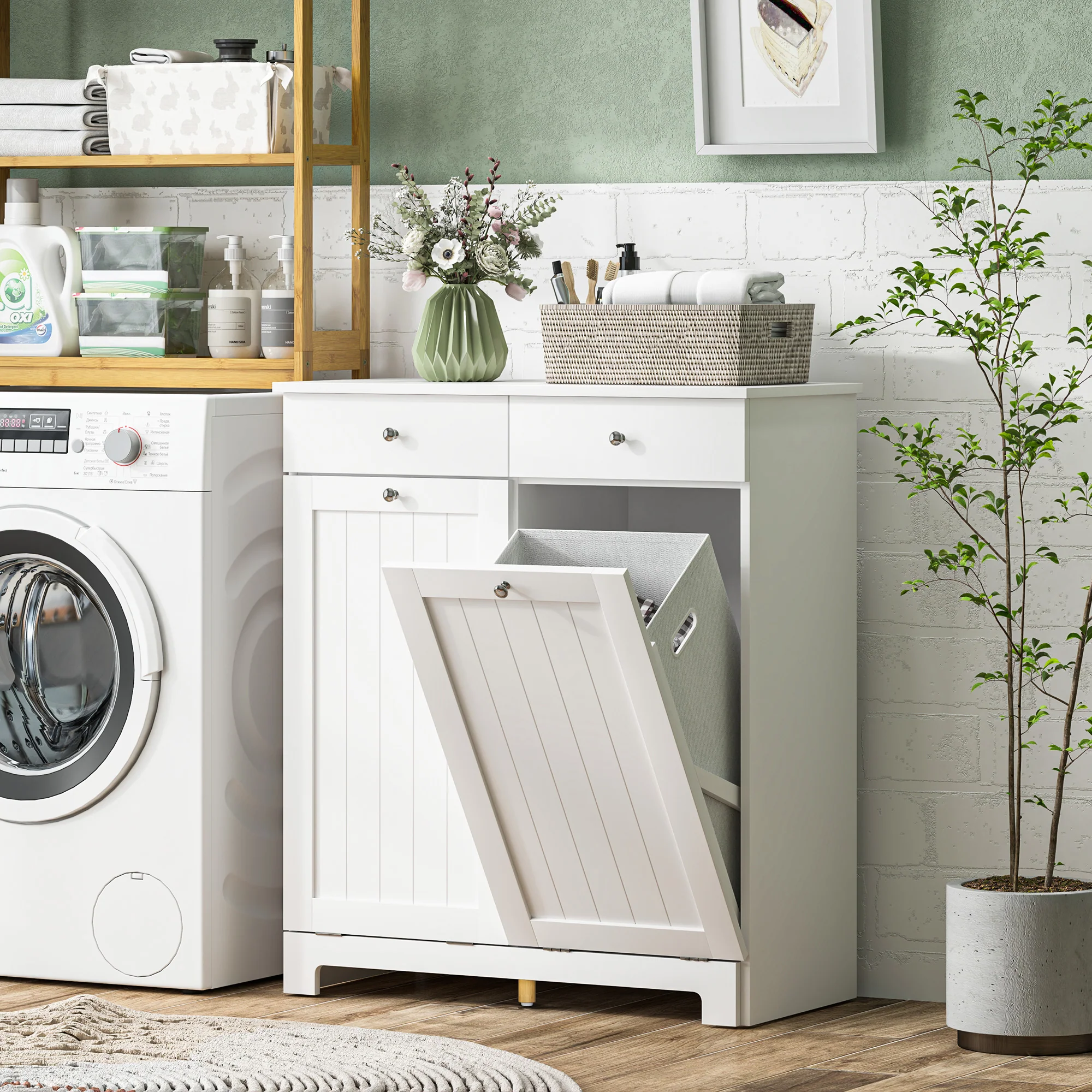 Laundry Hamper Cabinet with 2 Tilt-Out Baskets and 2 Drawers, White - Image 3