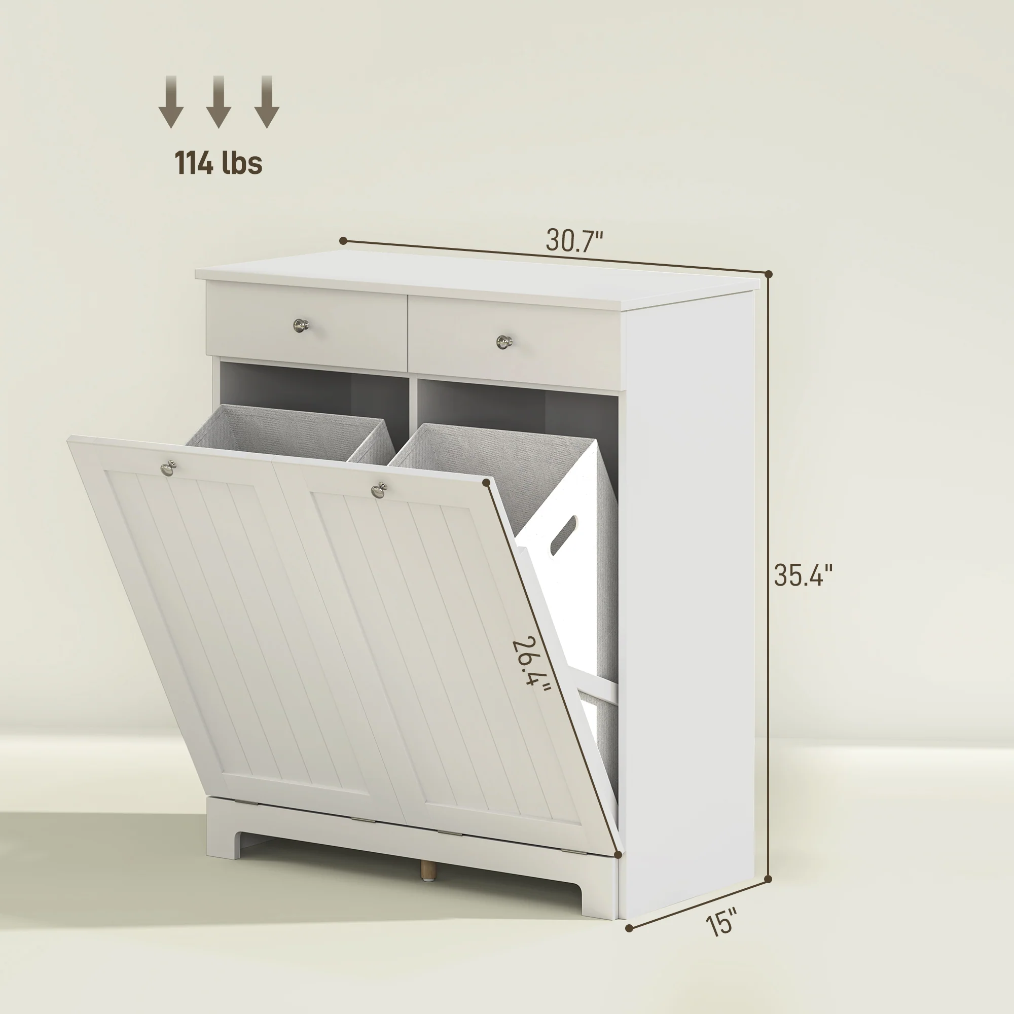 Laundry Hamper Cabinet with 2 Tilt-Out Baskets and 2 Drawers, White - Image 5