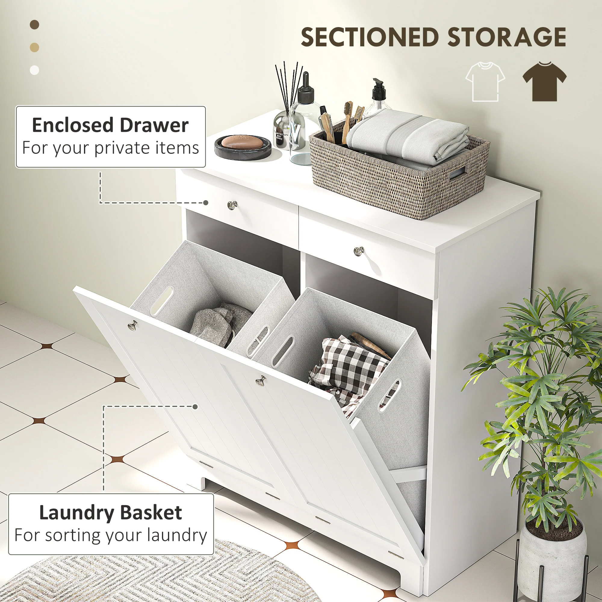 Laundry Hamper Cabinet with 2 Tilt-Out Baskets and 2 Drawers, White - Image 6