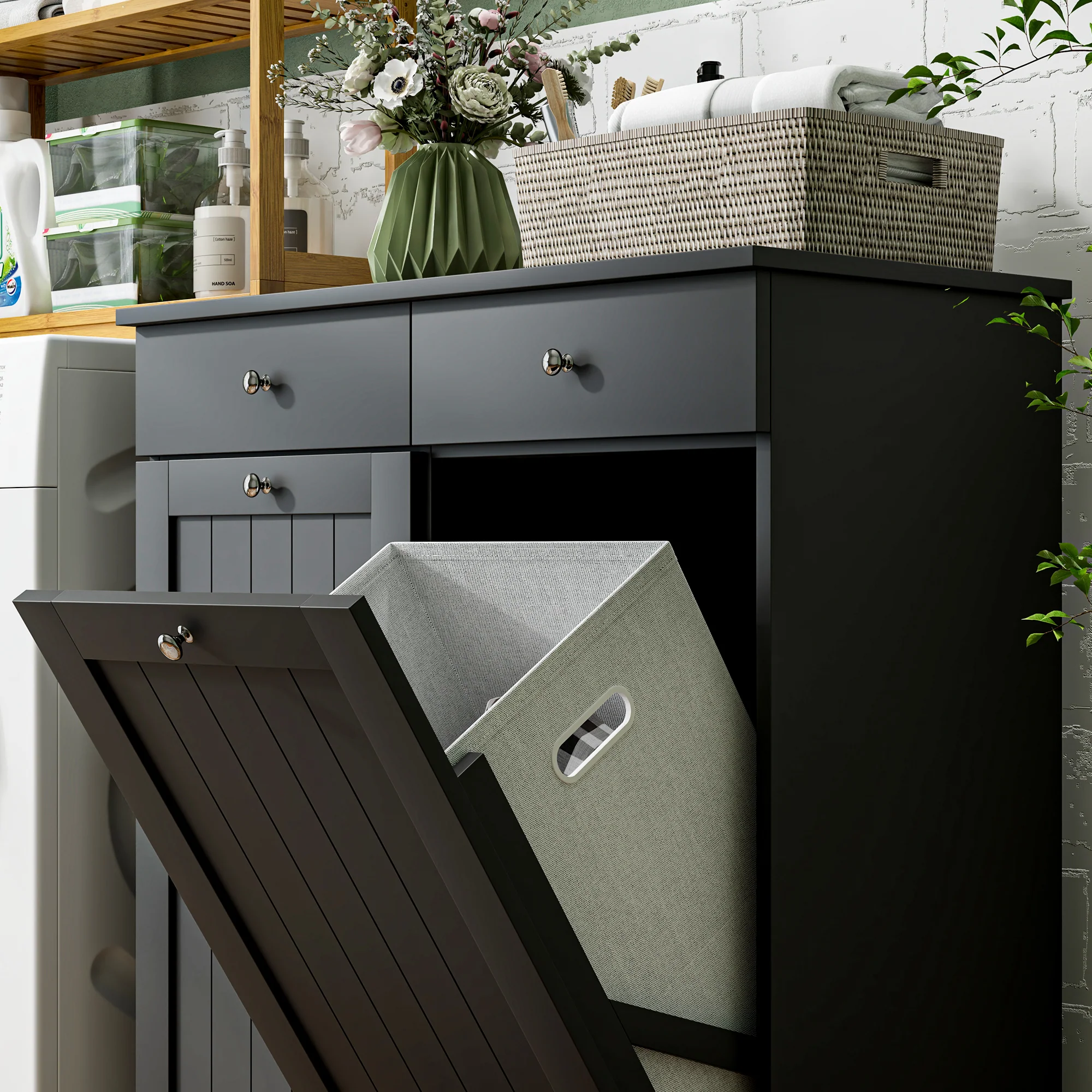 Laundry Hamper Cabinet with 2 Tilt-Out Baskets and 2 Drawers, Black - Image 11