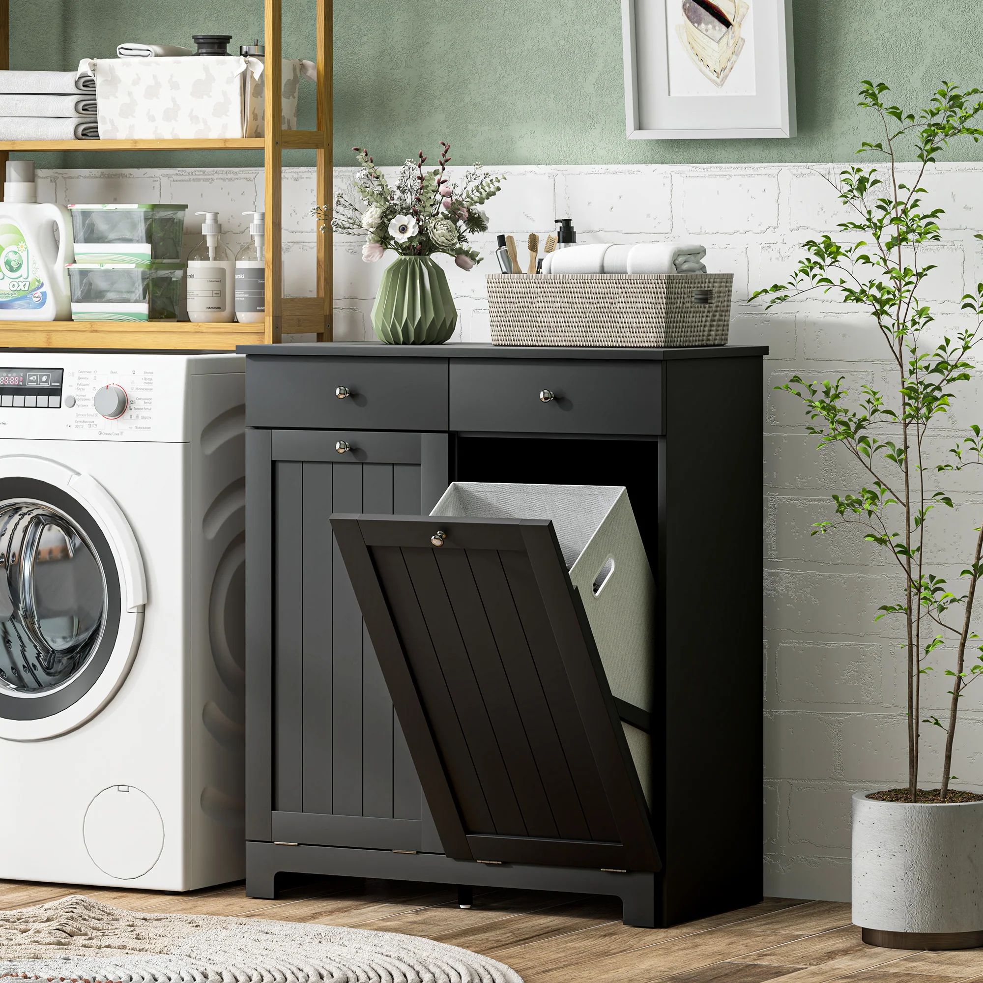 Laundry Hamper Cabinet with 2 Tilt-Out Baskets and 2 Drawers, Black - Image 3