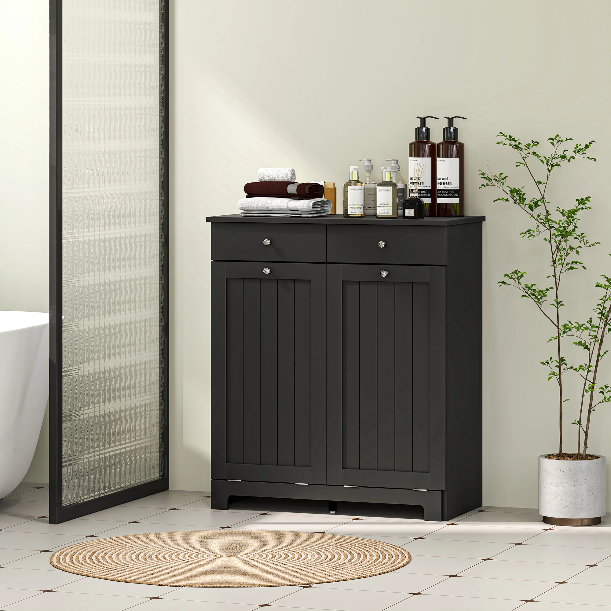 Laundry Hamper Cabinet with 2 Tilt-Out Baskets and 2 Drawers, Black - Image 4