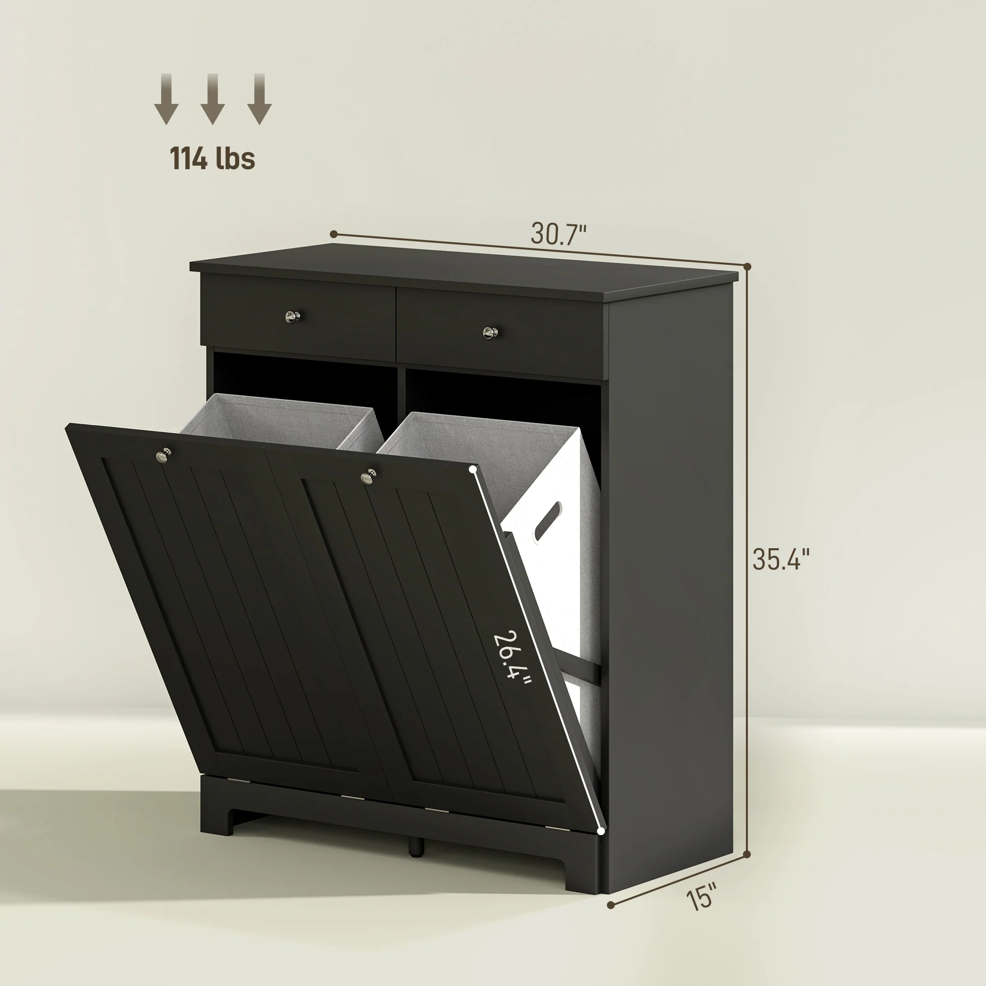 Laundry Hamper Cabinet with 2 Tilt-Out Baskets and 2 Drawers, Black - Image 5