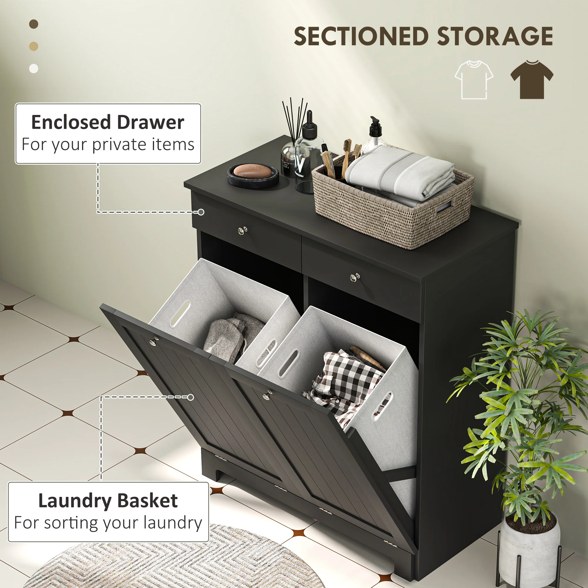 Laundry Hamper Cabinet with 2 Tilt-Out Baskets and 2 Drawers, Black - Image 6