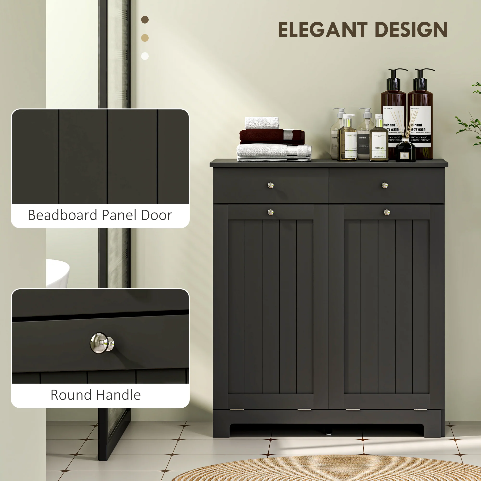 Laundry Hamper Cabinet with 2 Tilt-Out Baskets and 2 Drawers, Black - Image 9